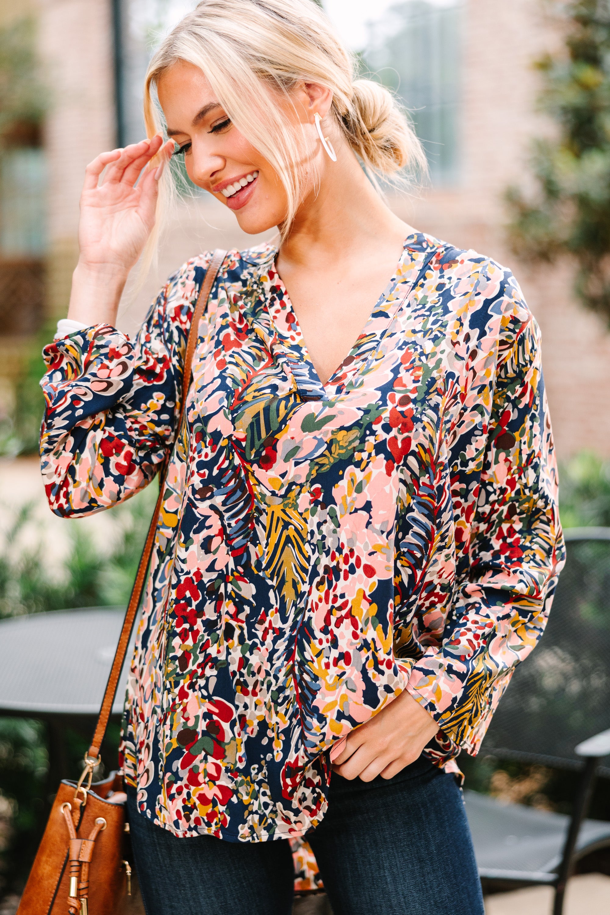 CHIRNAISHOP - Waiting On Love Navy and Rust 3/4 Sleeve Floral Top