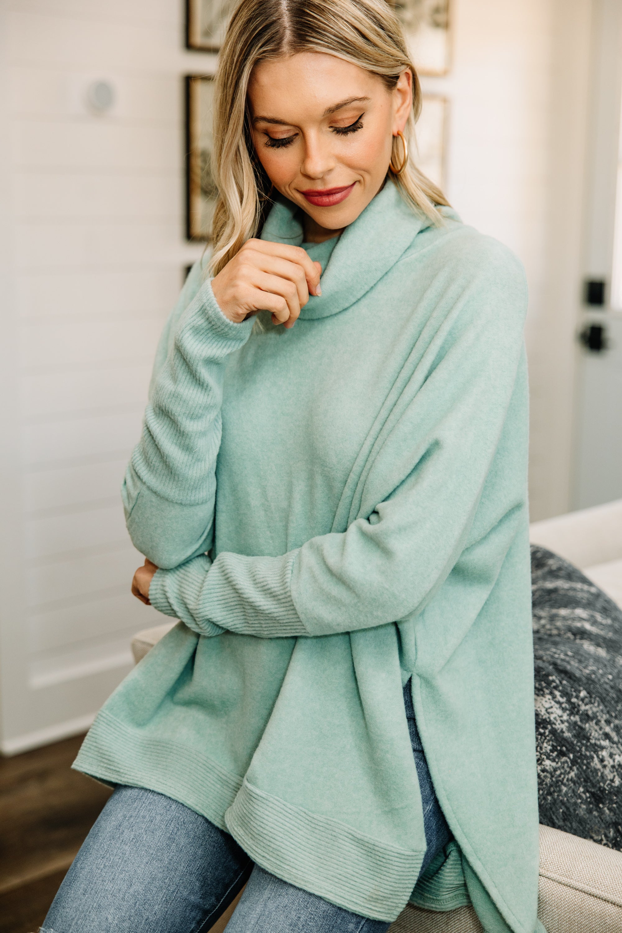 CHIRNAISHOP - Special Moments Light Green Cowl Neck Tunic