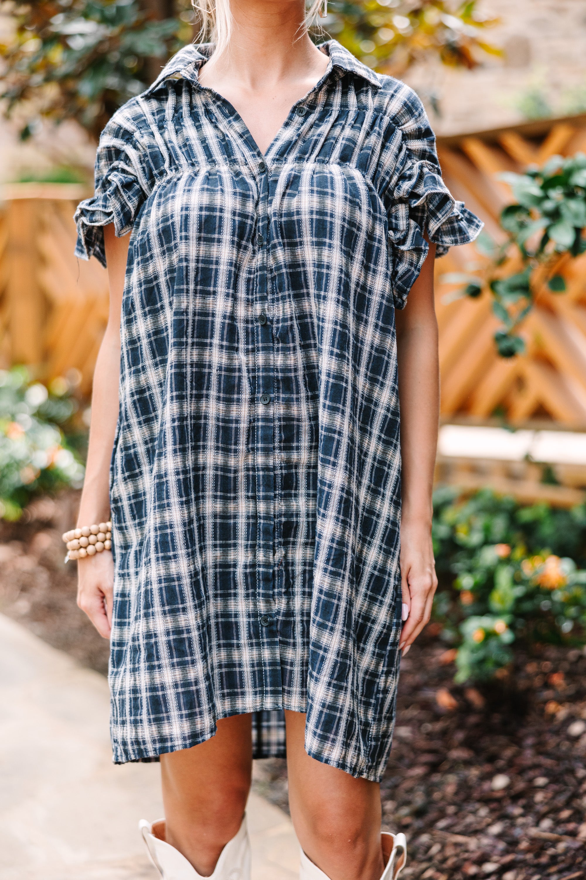 CHIRNAISHOP - Sweet Aspirations Navy Blue Plaid Dress