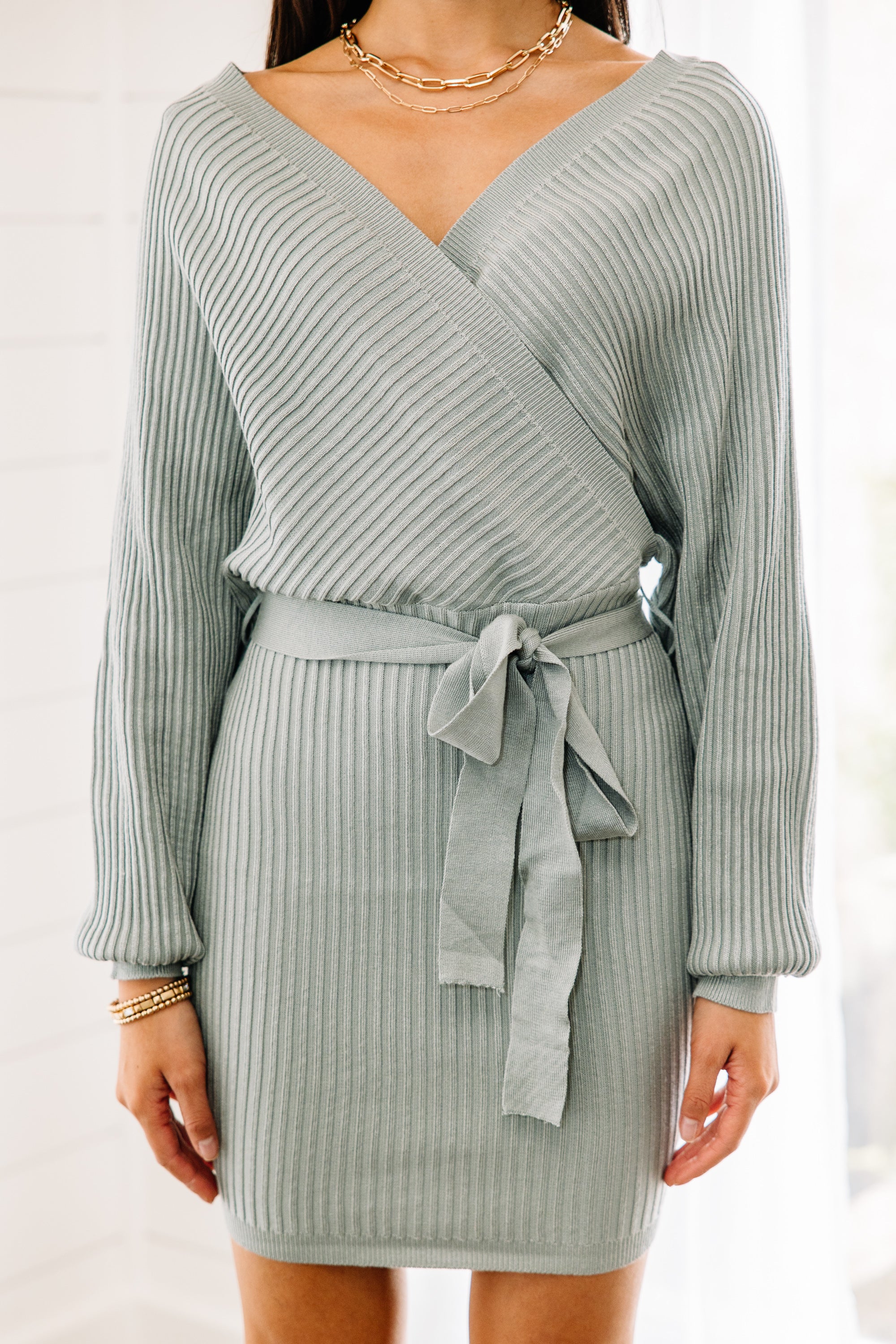 CHIRNAISHOP - Feeling In Charge Sage Green Knit Dress