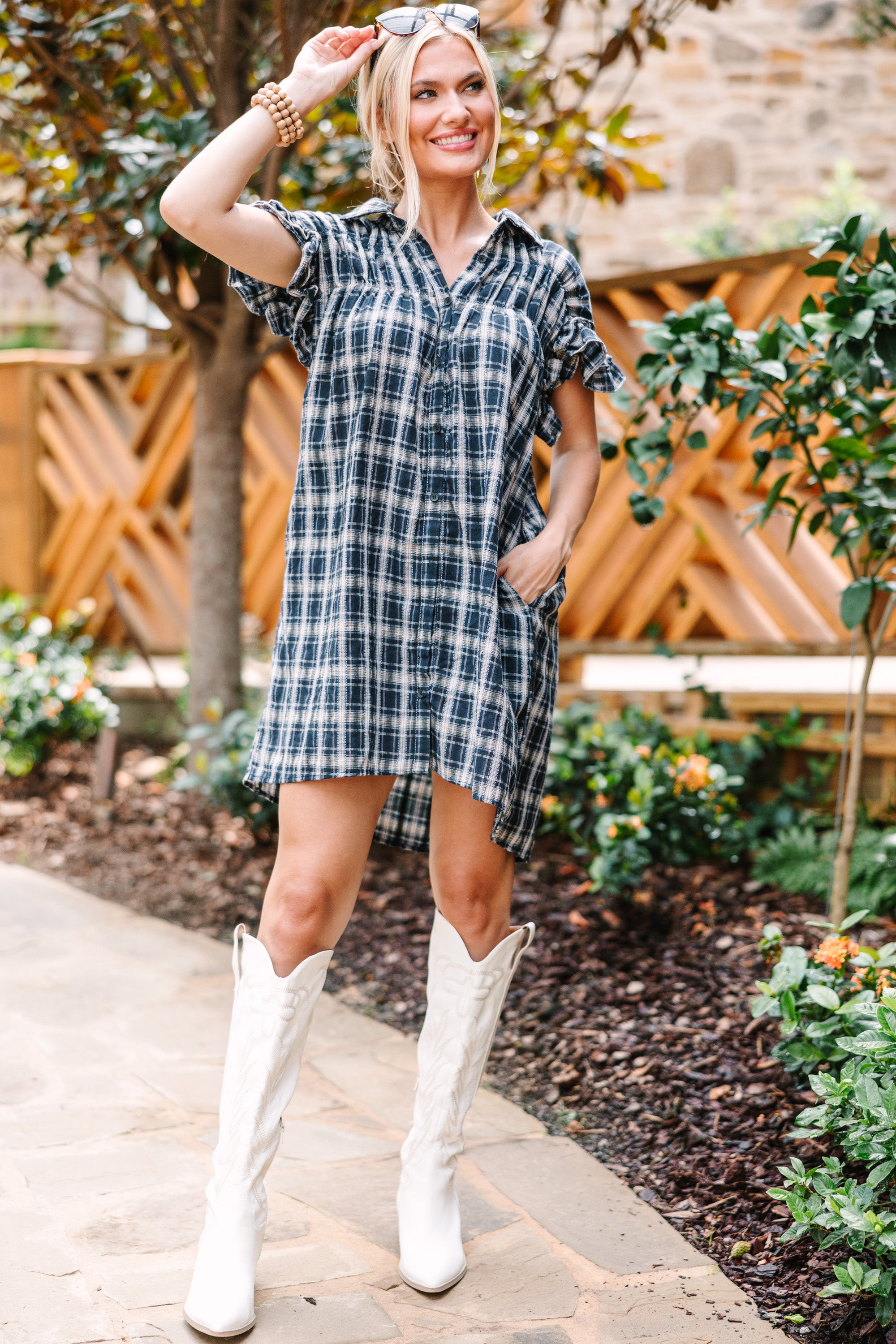 CHIRNAISHOP - Sweet Aspirations Navy Blue Plaid Dress