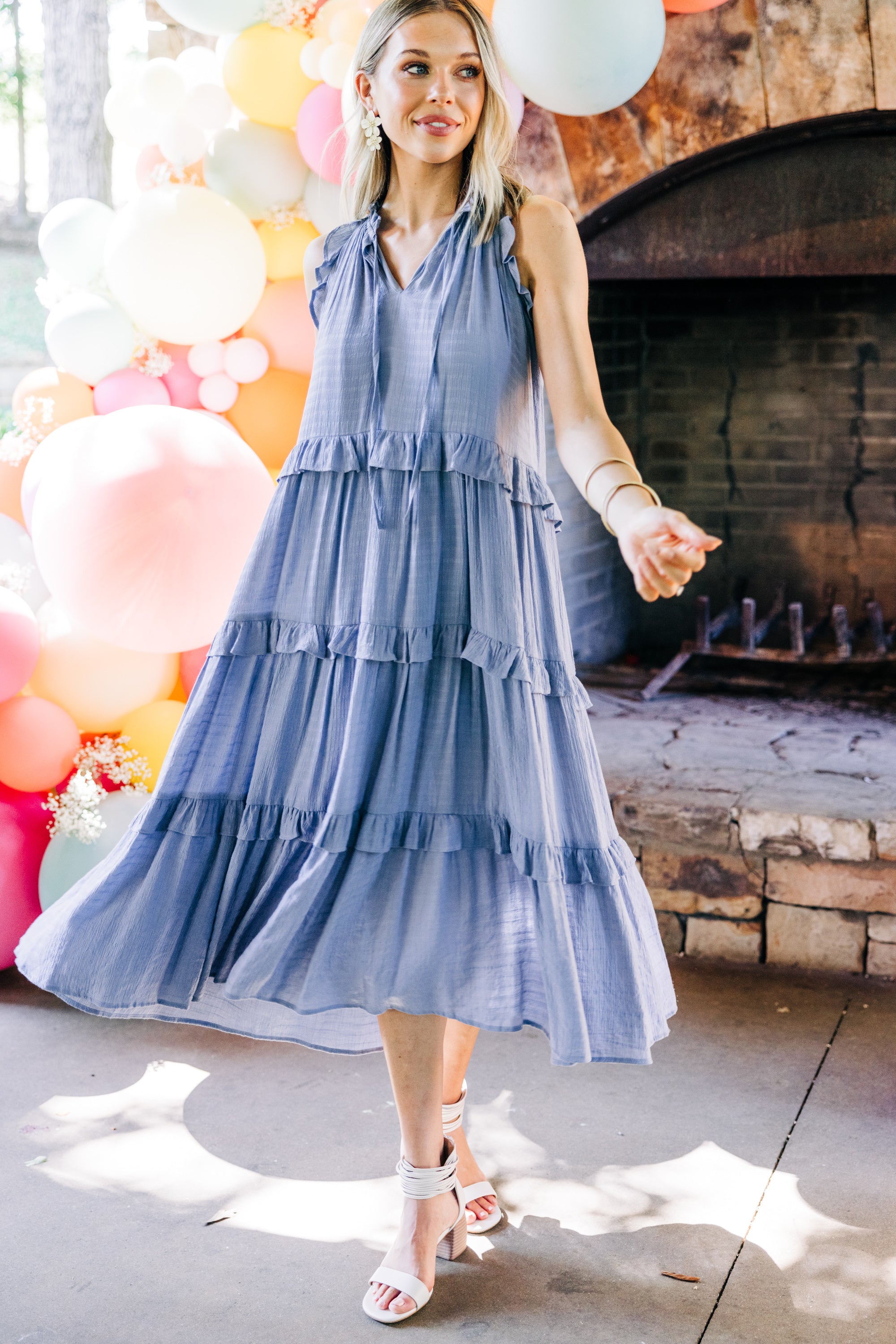 CHIRNAISHOP - Pursue Perfection Chambray Blue Ruffled Midi Dress