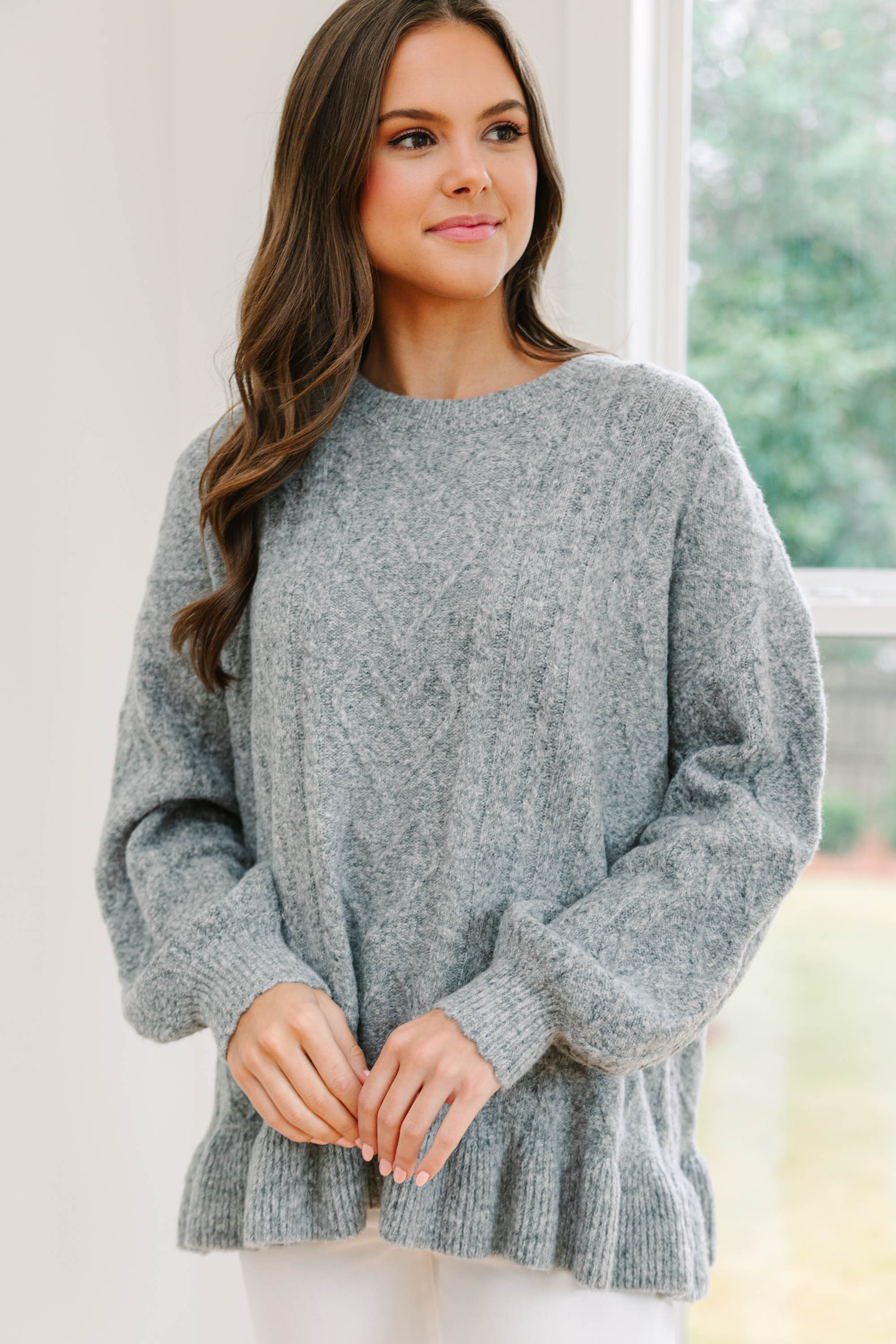 CHIRNAISHOP - Easy Decisions Heather Gray Ruffled Sweater