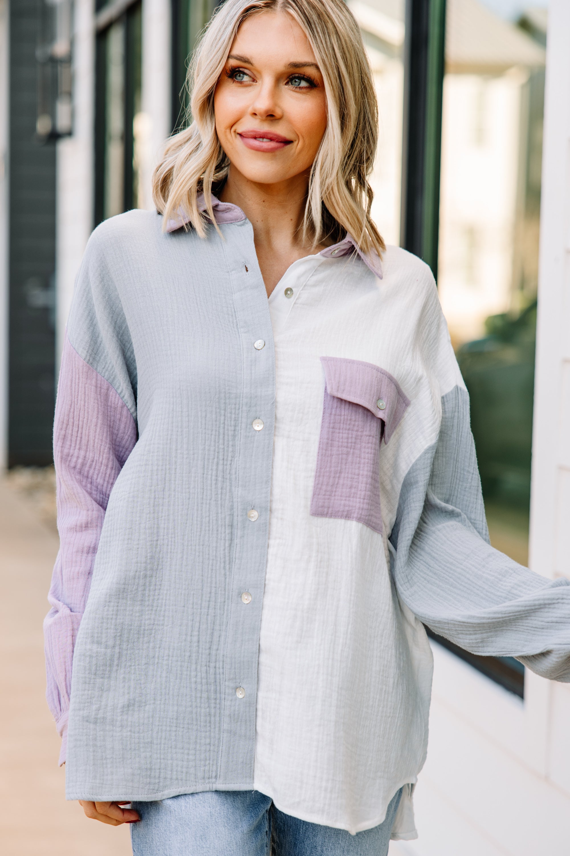 CHIRNAISHOP - It's A New Dawn Dusty Blue Colorblock Top