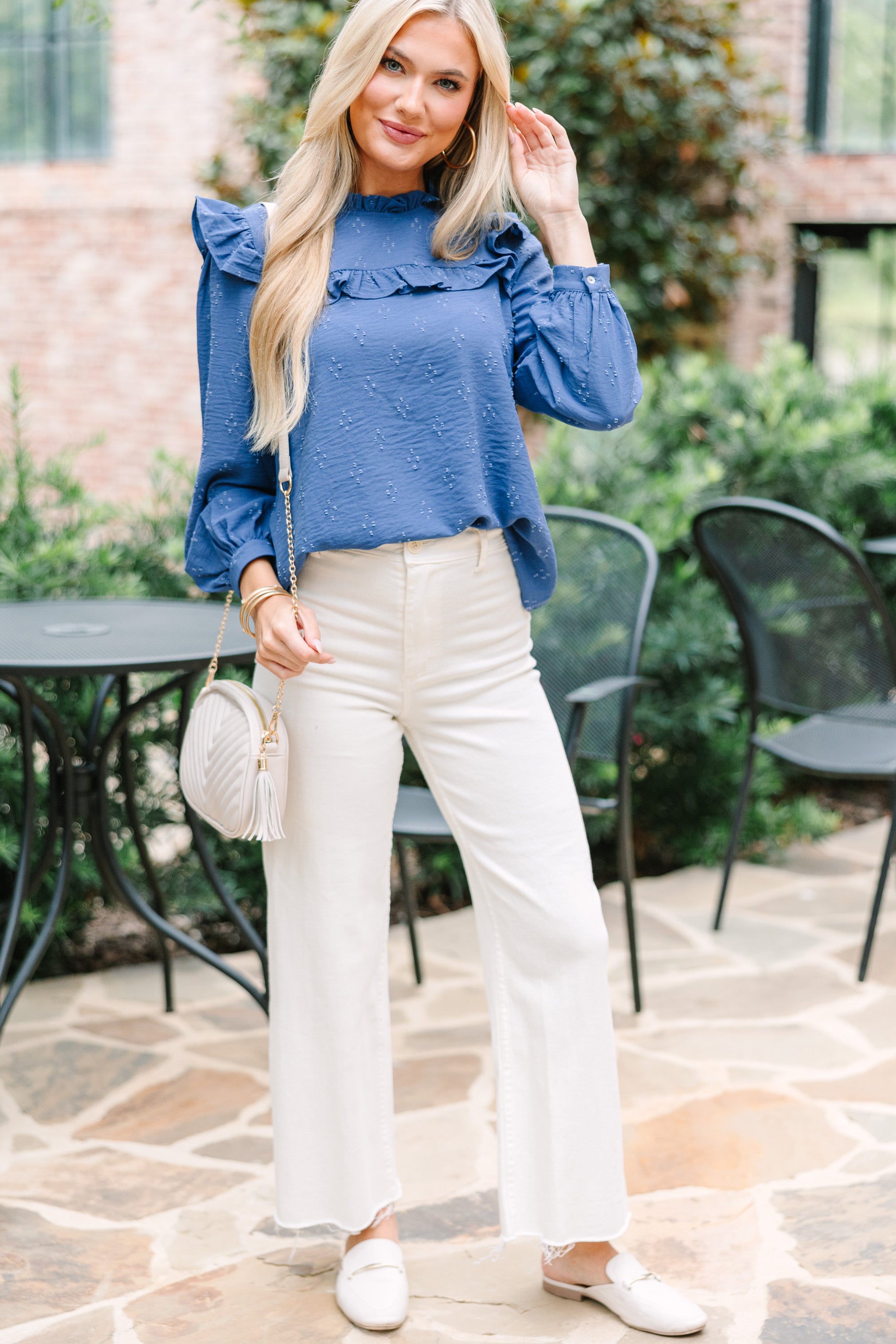 CHIRNAISHOP - Romantic History Denim Blue Ruffled Blouse