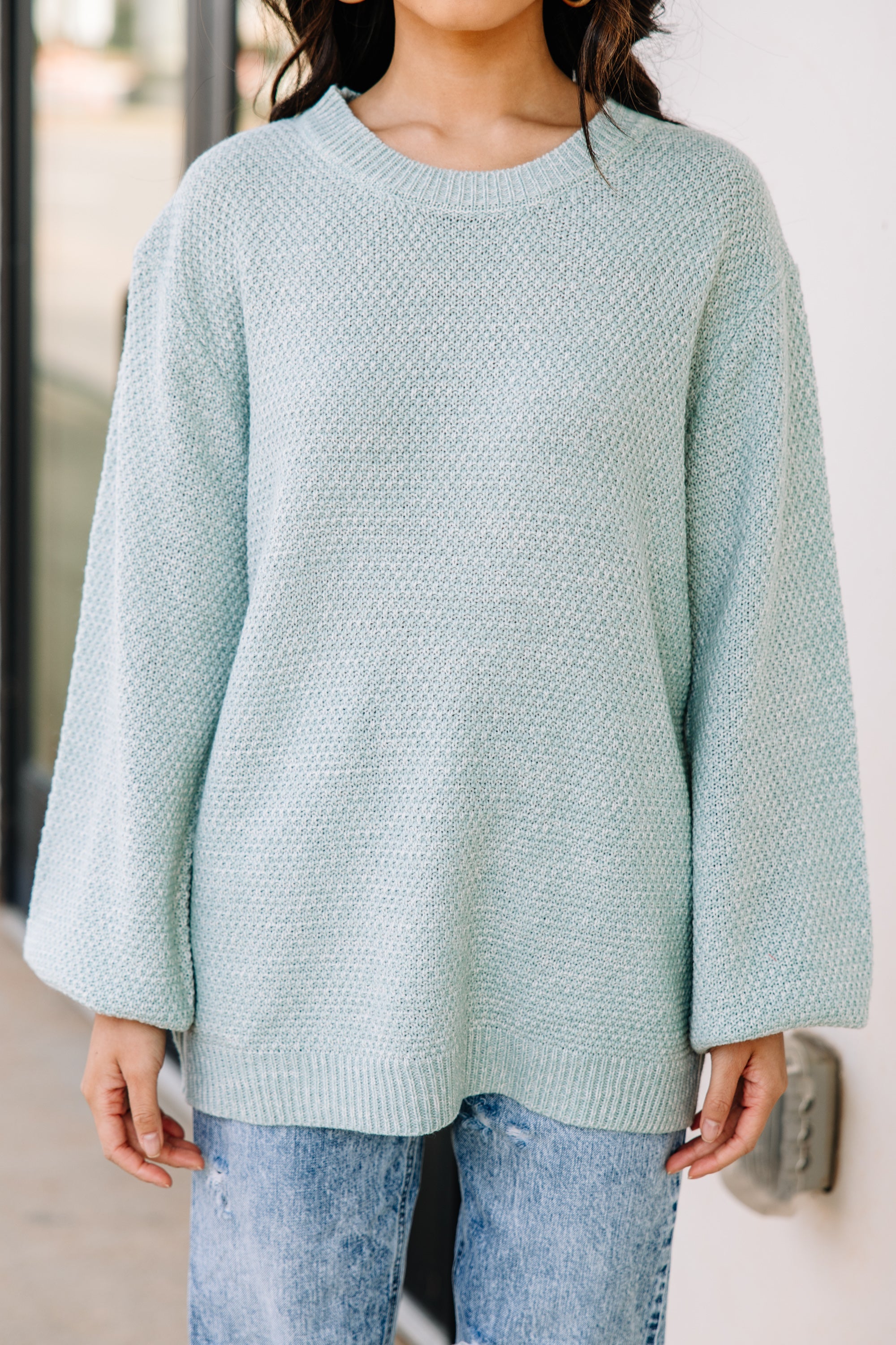 CHIRNAISHOP - The Slouchy Light Green Bubble Sleeve Sweater