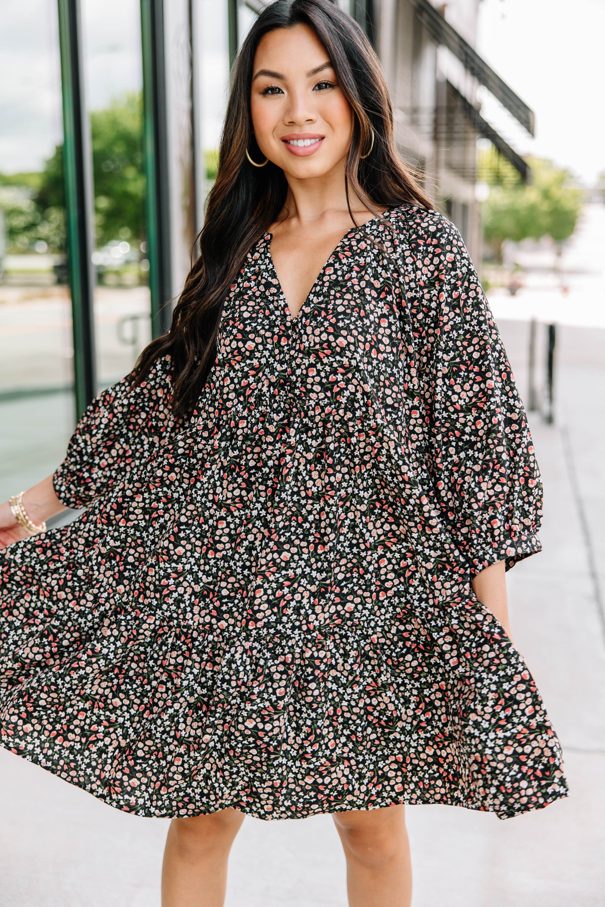 CHIRNAISHOP - Can't Be Outdone Black Ditsy Floral Dress