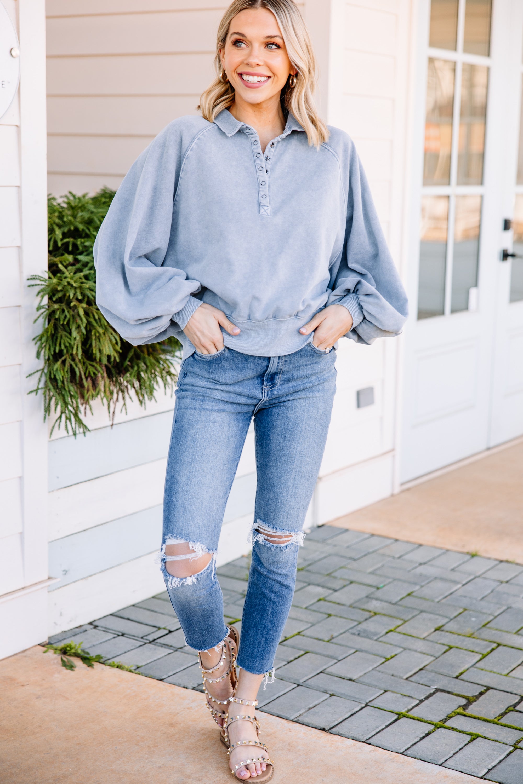 CHIRNAISHOP - Look It Up Slate Blue Half Snap Pullover