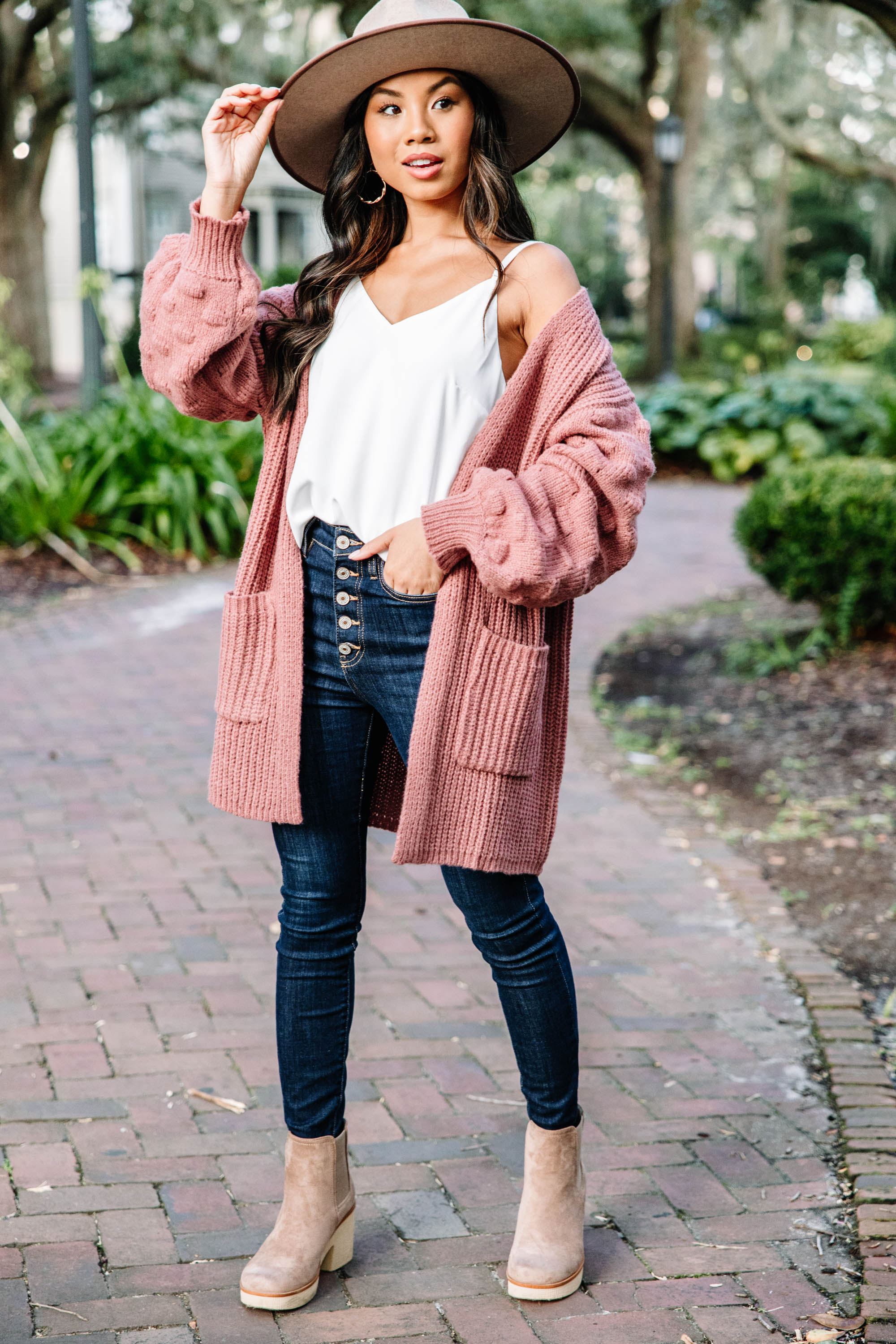 CHIRNAISHOP - Make Your Day Terracotta Red Pompom Cardigan