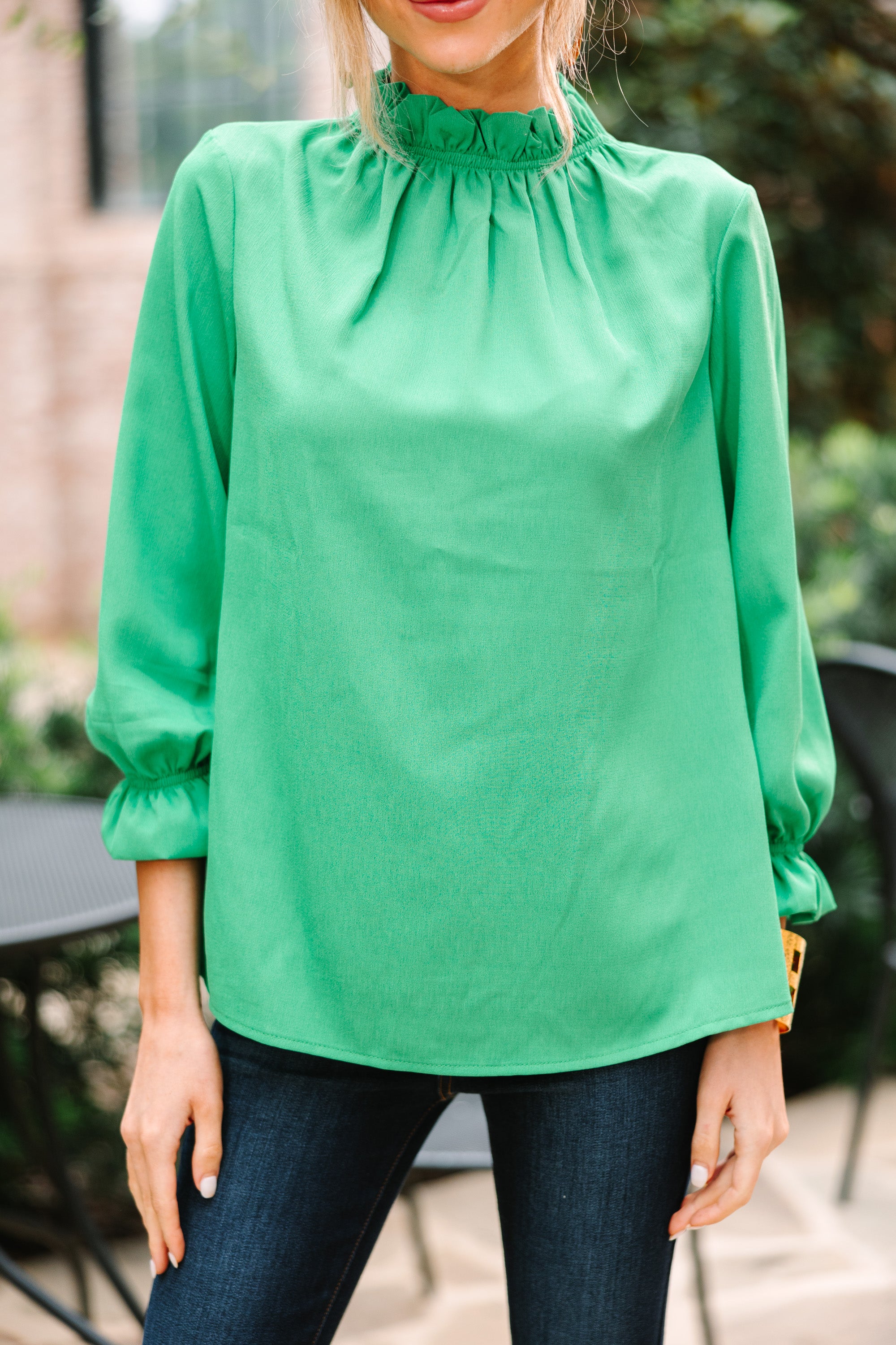 CHIRNAISHOP - Tried And True Kelly Green Ruffled Blouse