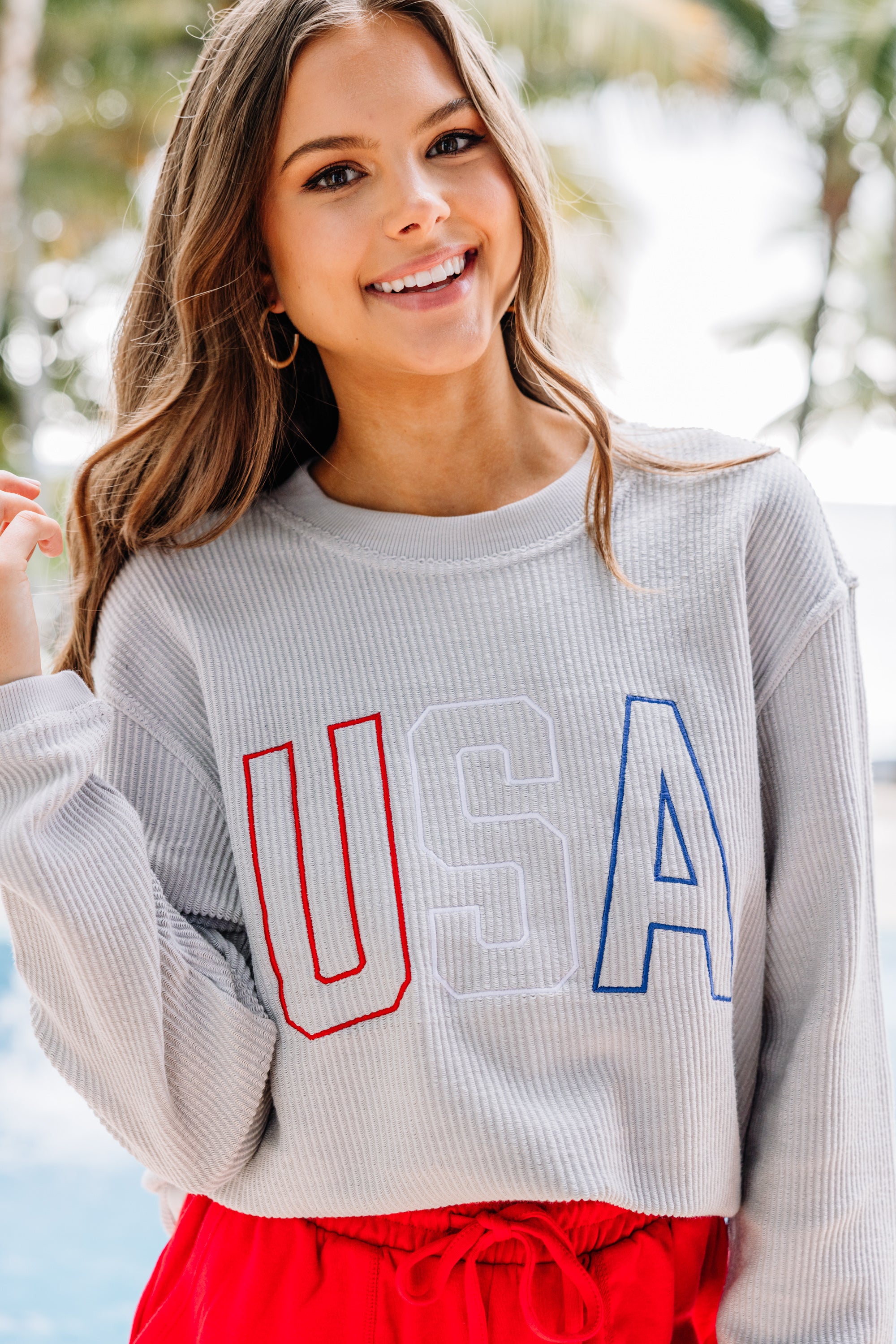 CHIRNAISHOP - USA Silver Gray Embroidered Corded Sweatshirt