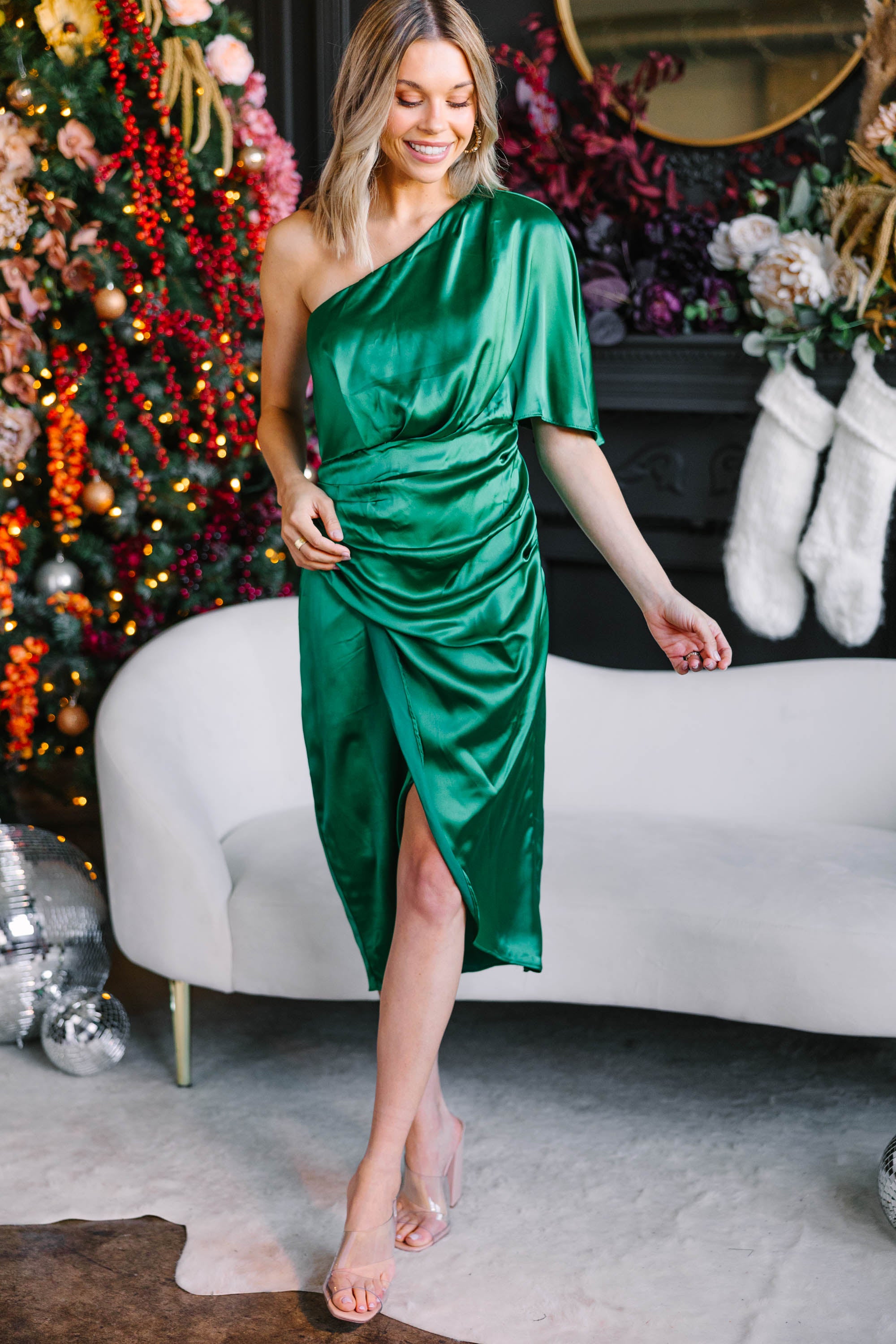 CHIRNAISHOP - Uptown Girl Emerald Green Satin One Shoulder Dress
