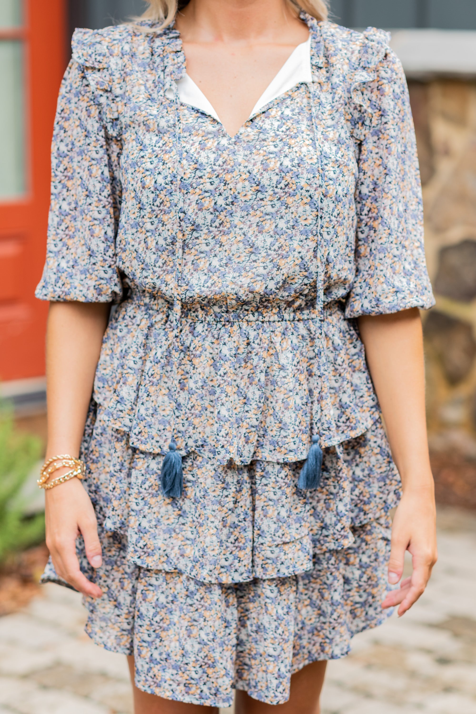 CHIRNAISHOP - It's All You Dusty Blue Ditsy Floral Dress