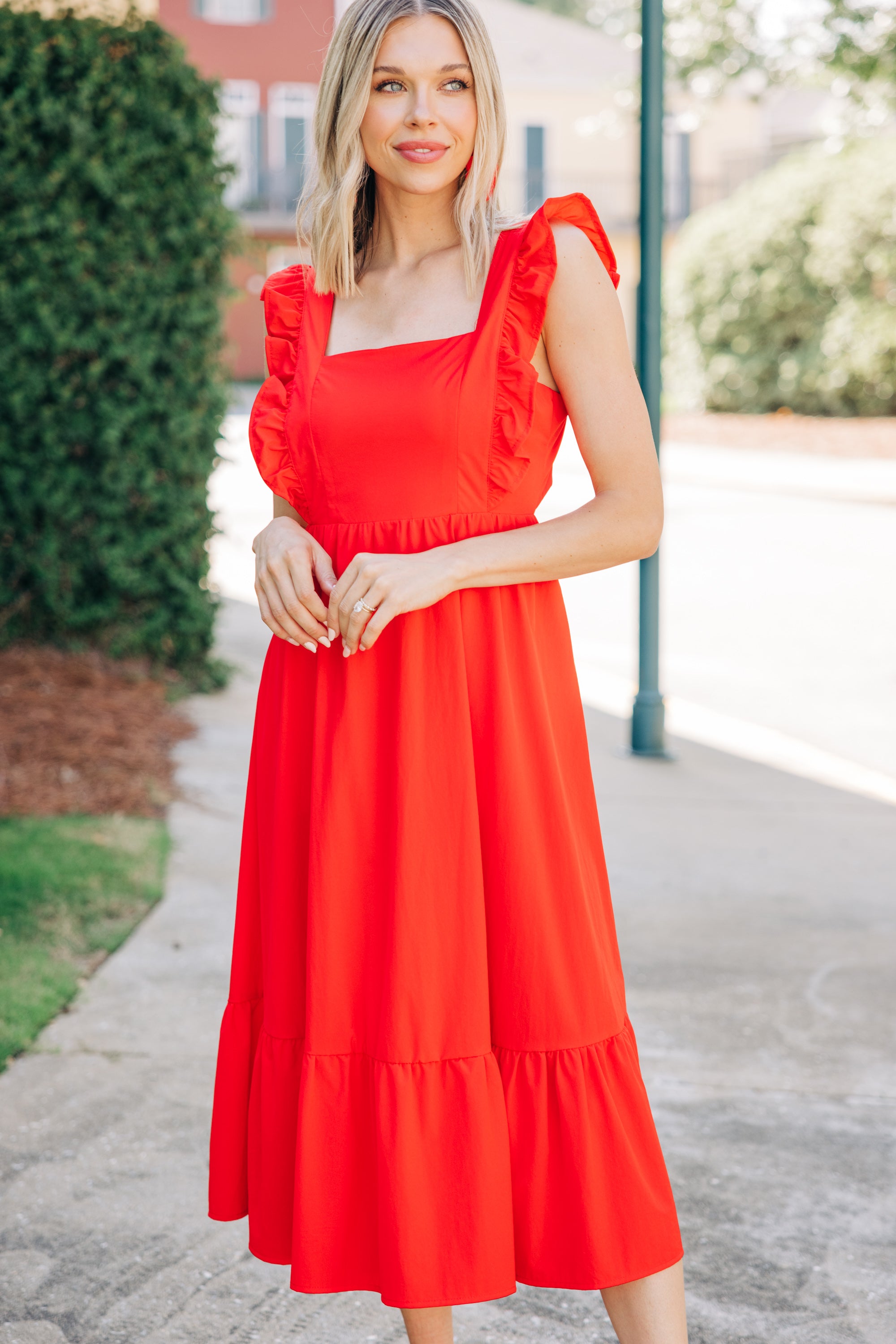 CHIRNAISHOP - What You're Looking For Coral Red Ruffled Midi Dress