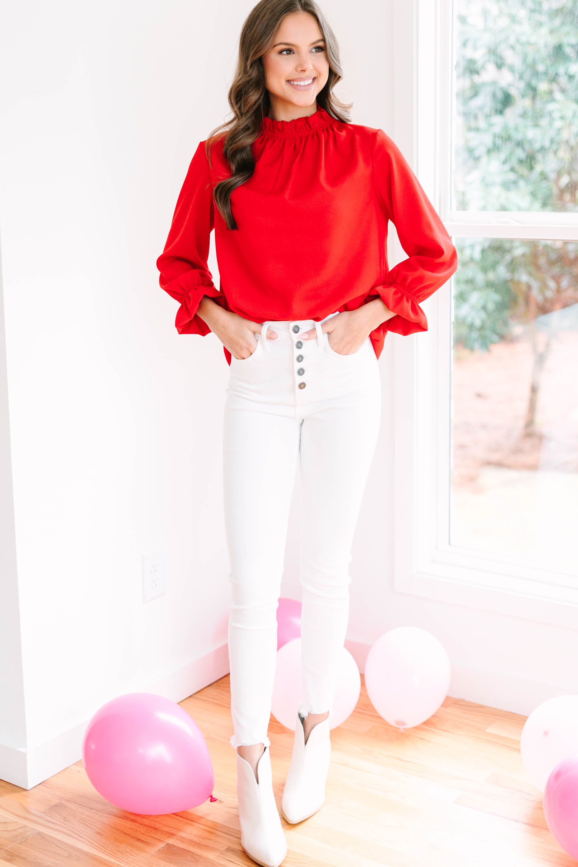 CHIRNAISHOP - Tried And True Red Ruffled Blouse