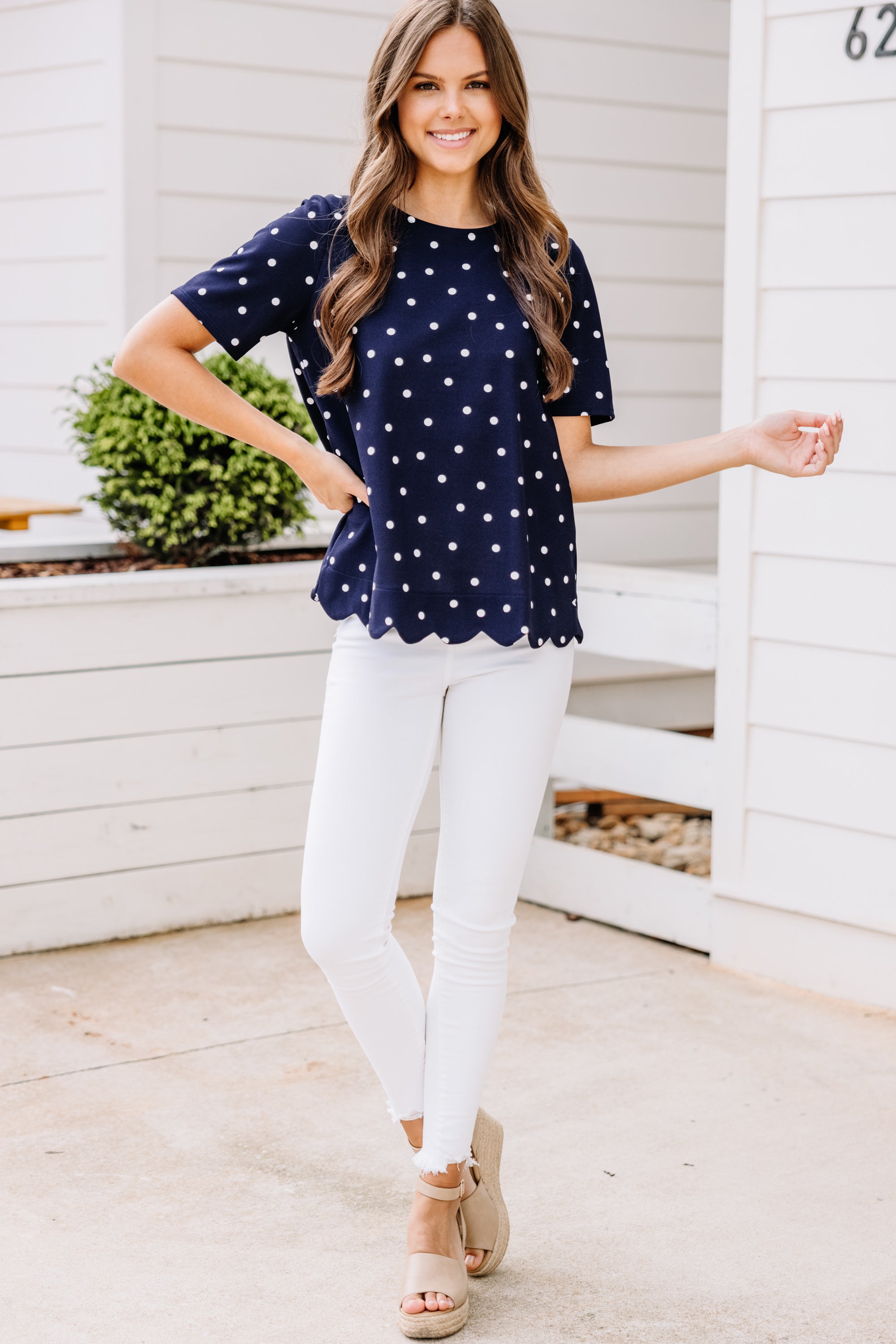 CHIRNAISHOP - On Your Own Path Navy Blue Polka Dot Blouse