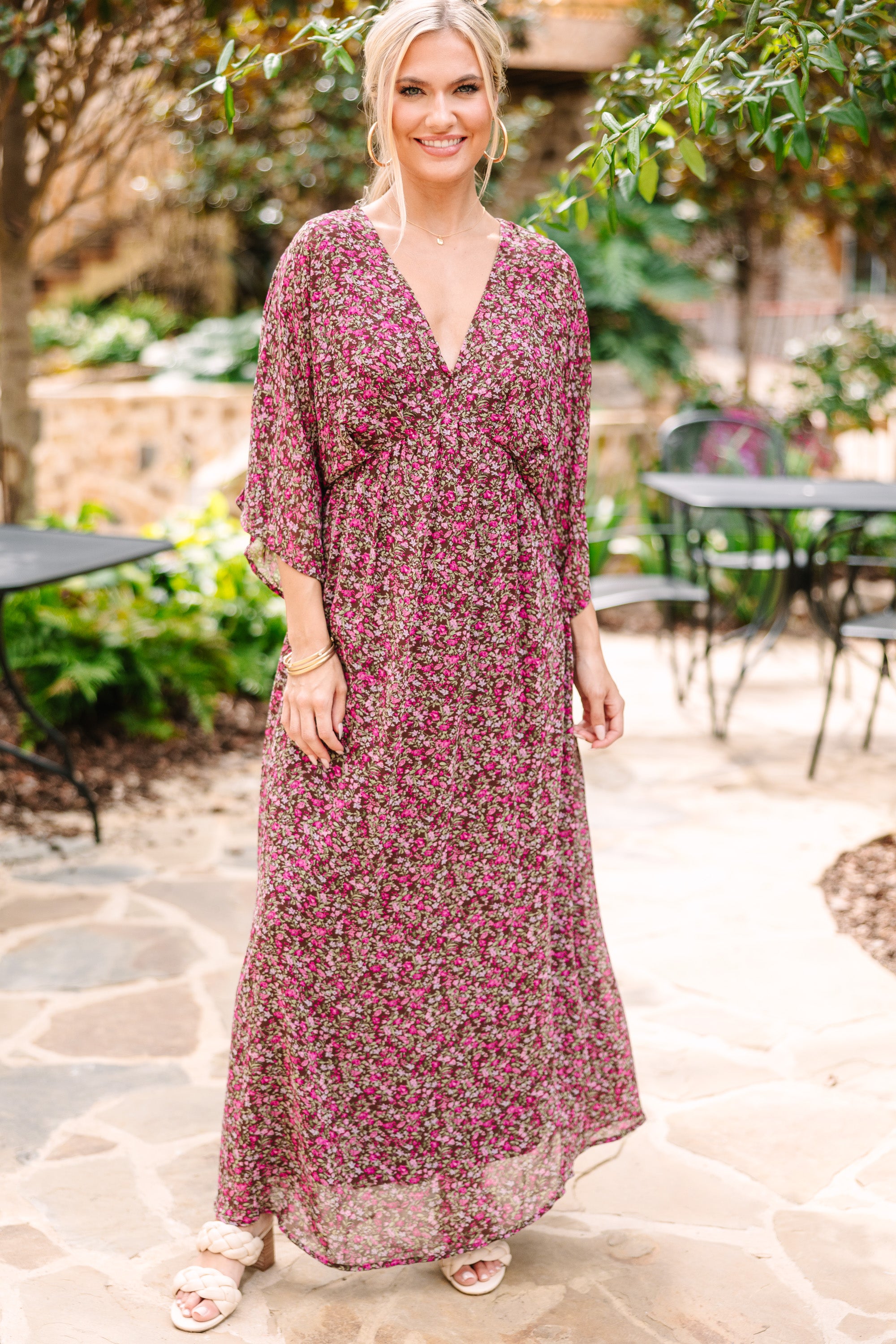 CHIRNAISHOP - Thinking Of You Burgundy Red Ditsy Floral Maxi Dress