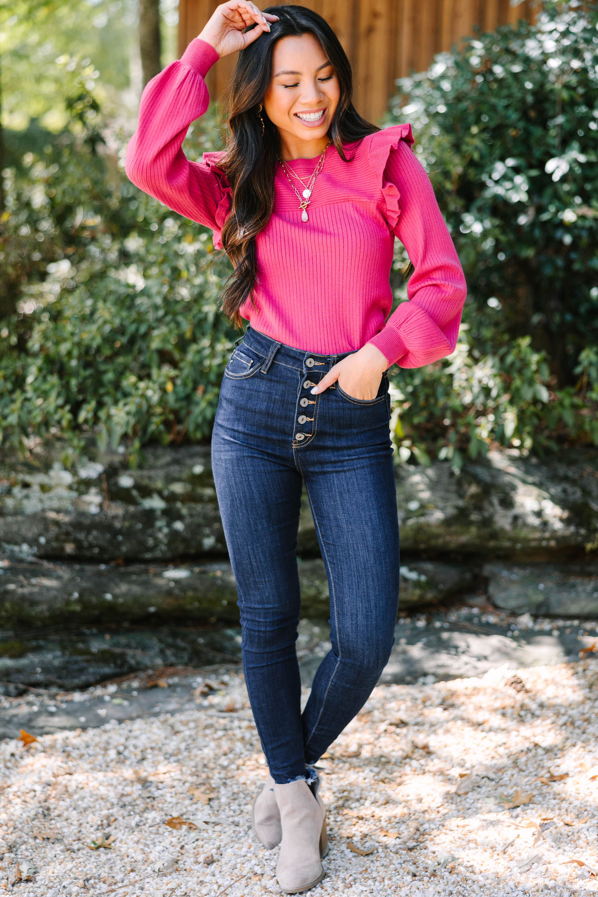 CHIRNAISHOP - Reach Out Holly Berry Red Ruffled Sweater