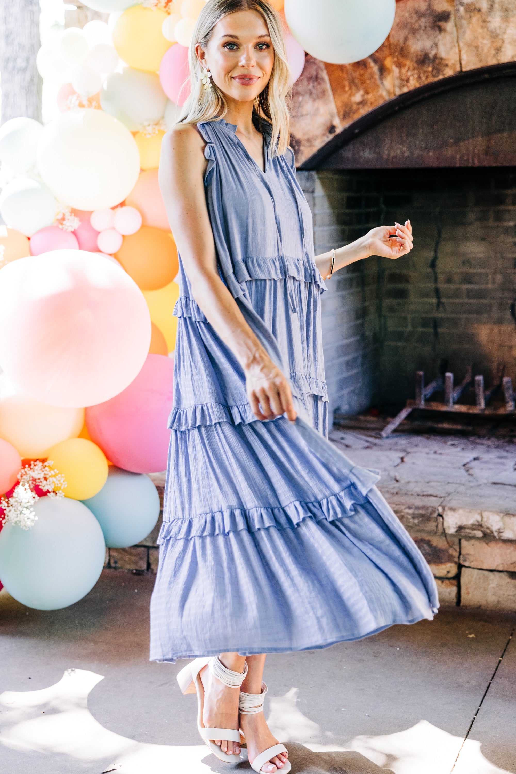 CHIRNAISHOP - Pursue Perfection Chambray Blue Ruffled Midi Dress