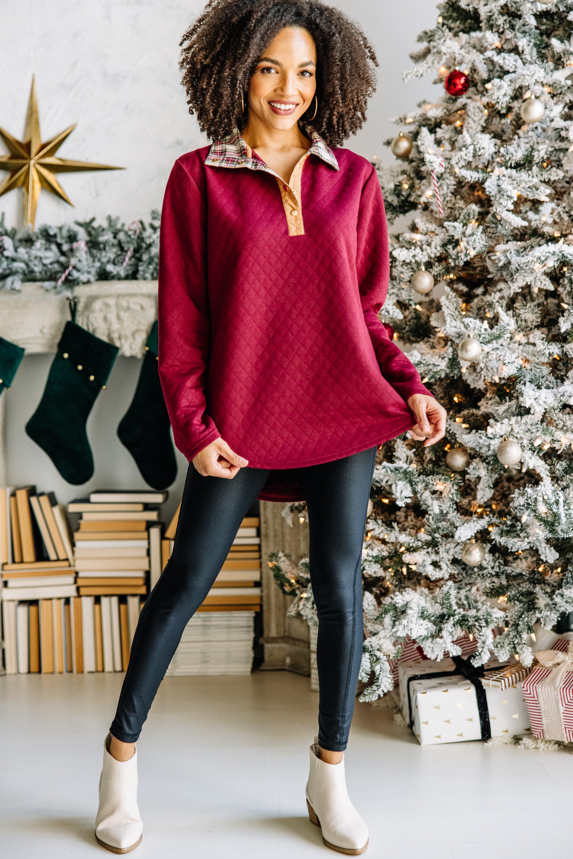 CHIRNAISHOP - Out And About Wine Red Quilted Pullover