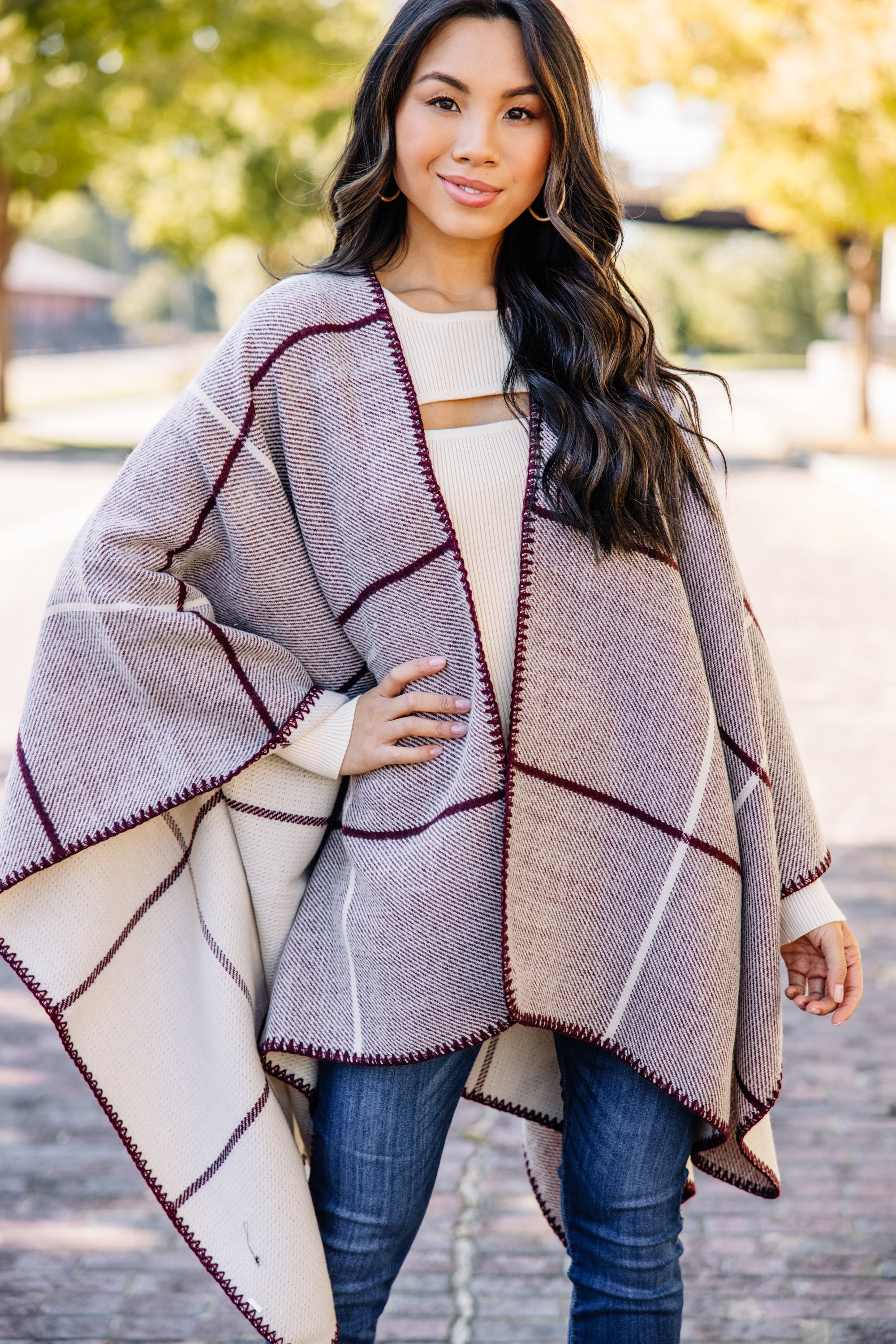 CHIRNAISHOP - Get Going Burgundy Red Plaid Poncho