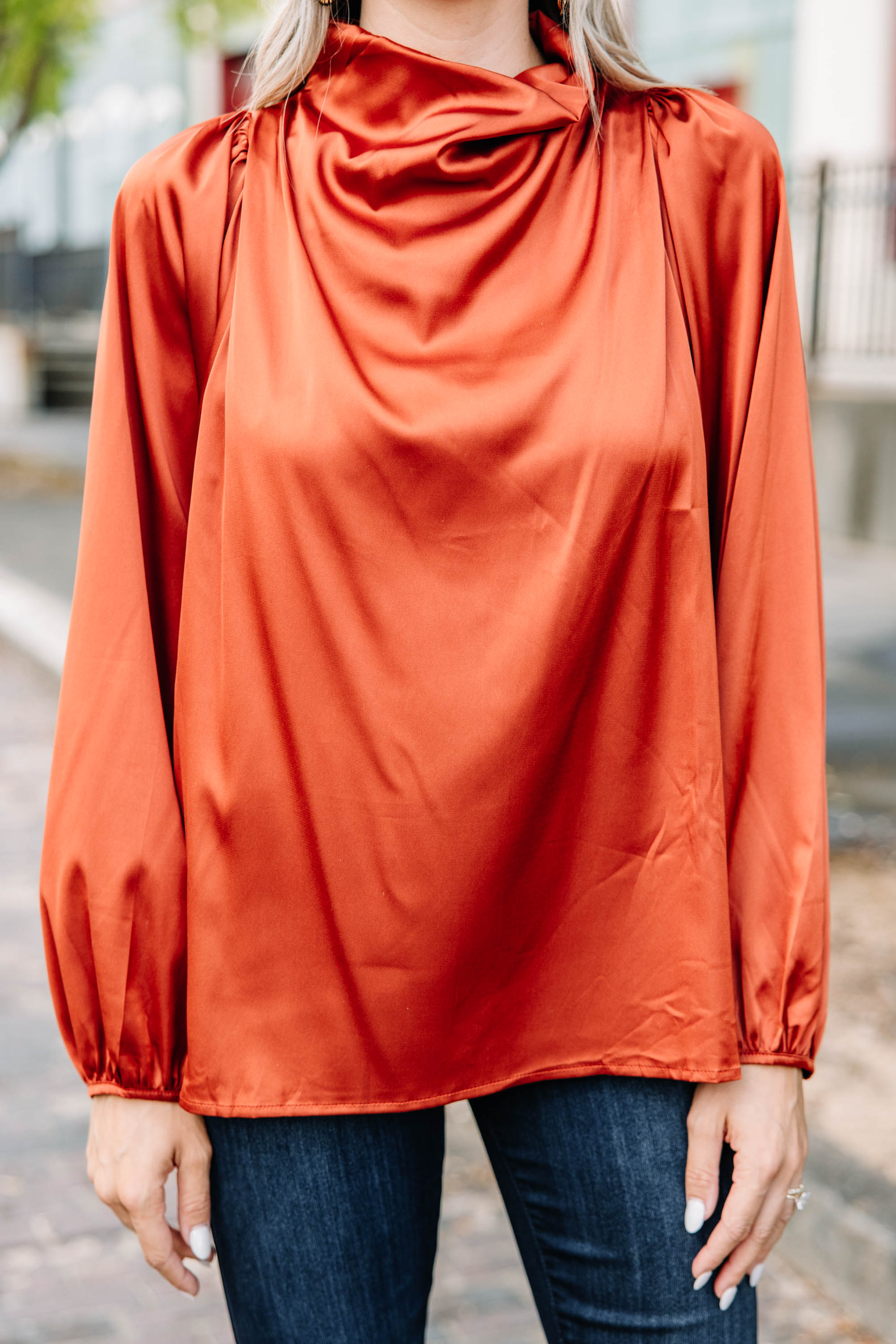 CHIRNAISHOP - Embrace The Joy Rust Orange Satin Blouse