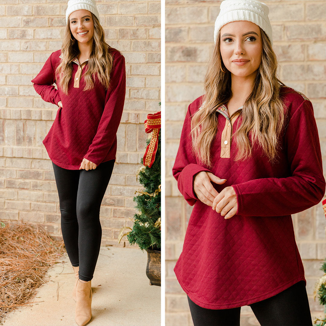 CHIRNAISHOP - Out And About Wine Red Quilted Pullover