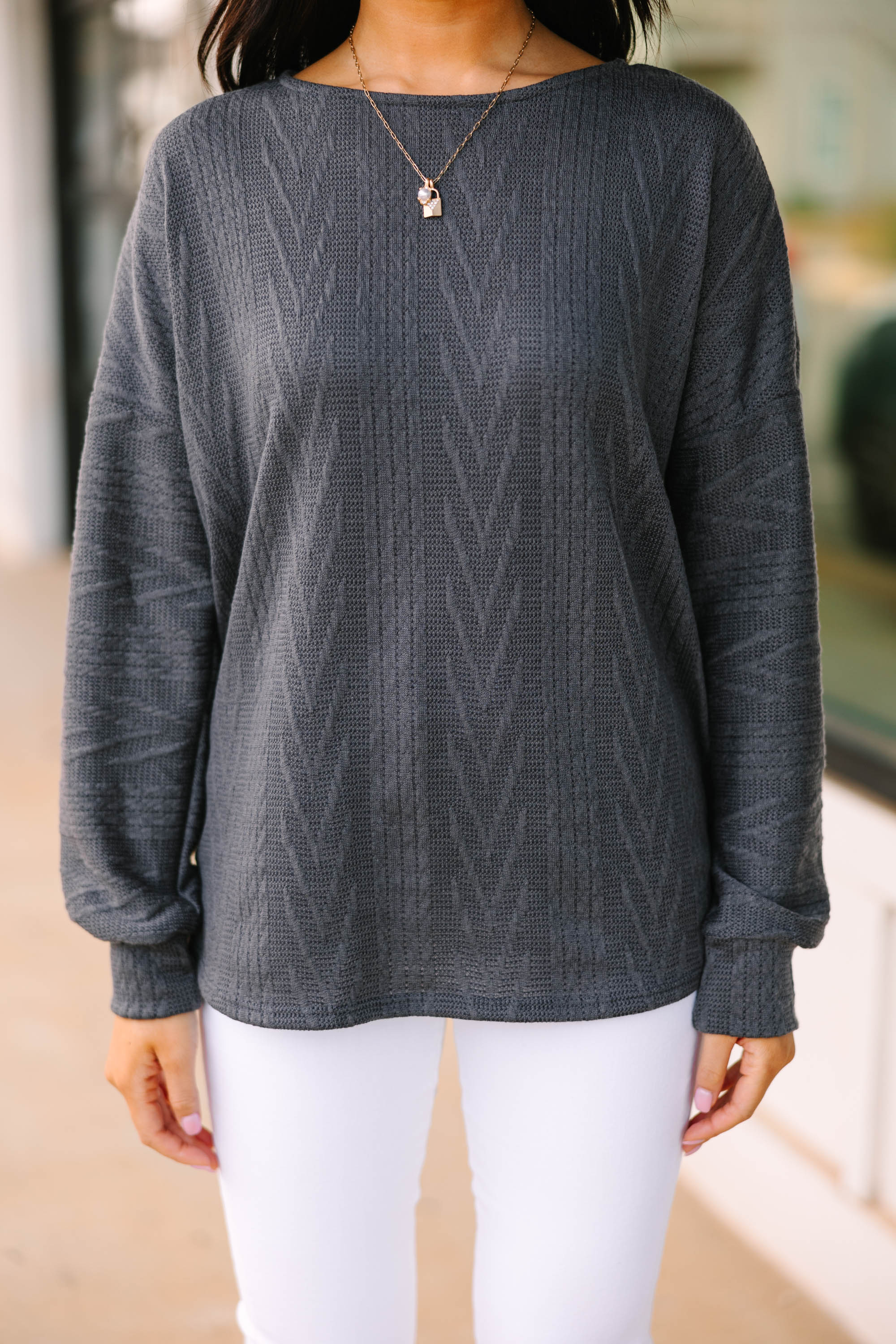 CHIRNAISHOP - The Slouchy Ash Gray Cable Knit Top