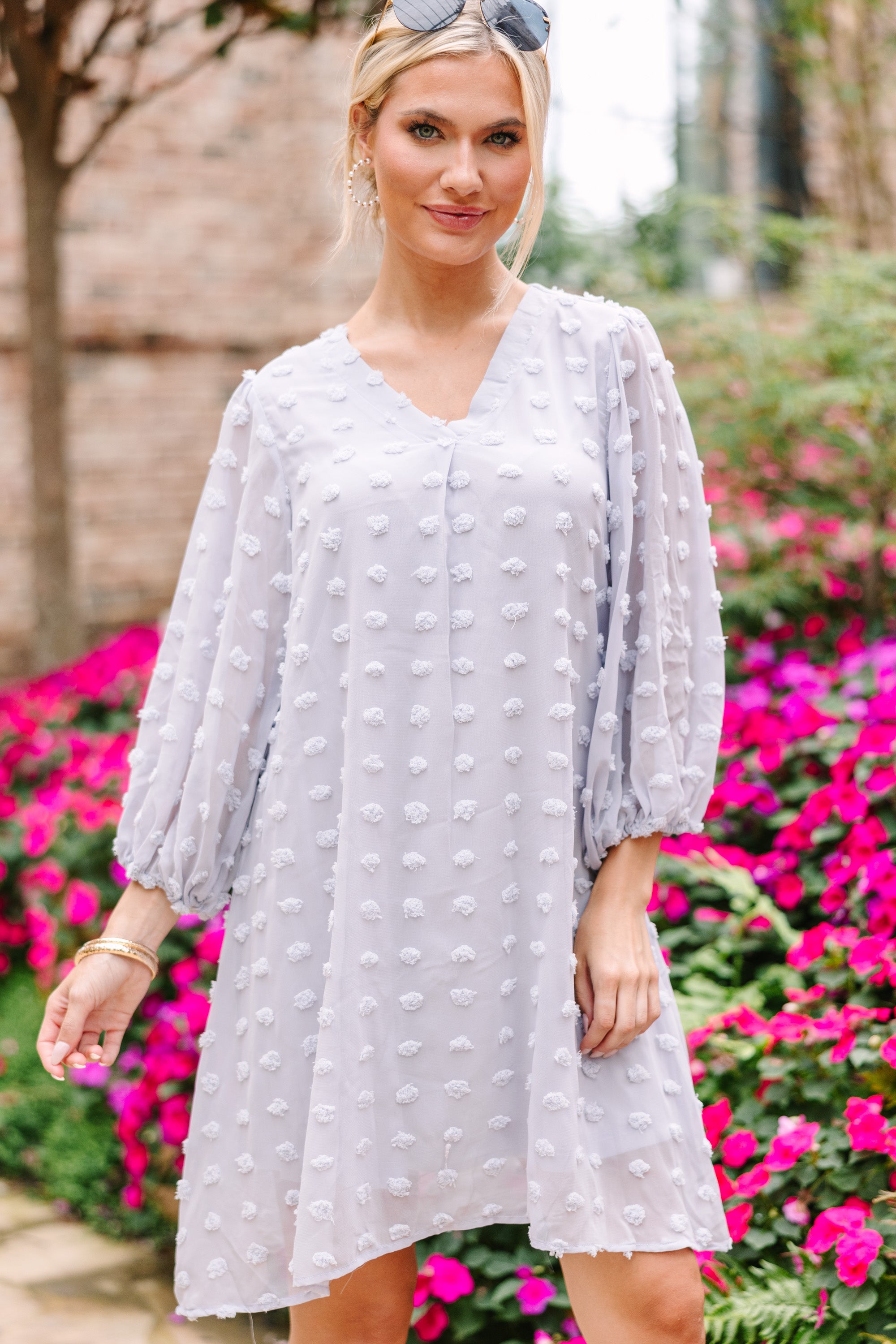 CHIRNAISHOP - Good To Know Silver Gray Swiss Dot Shift Dress