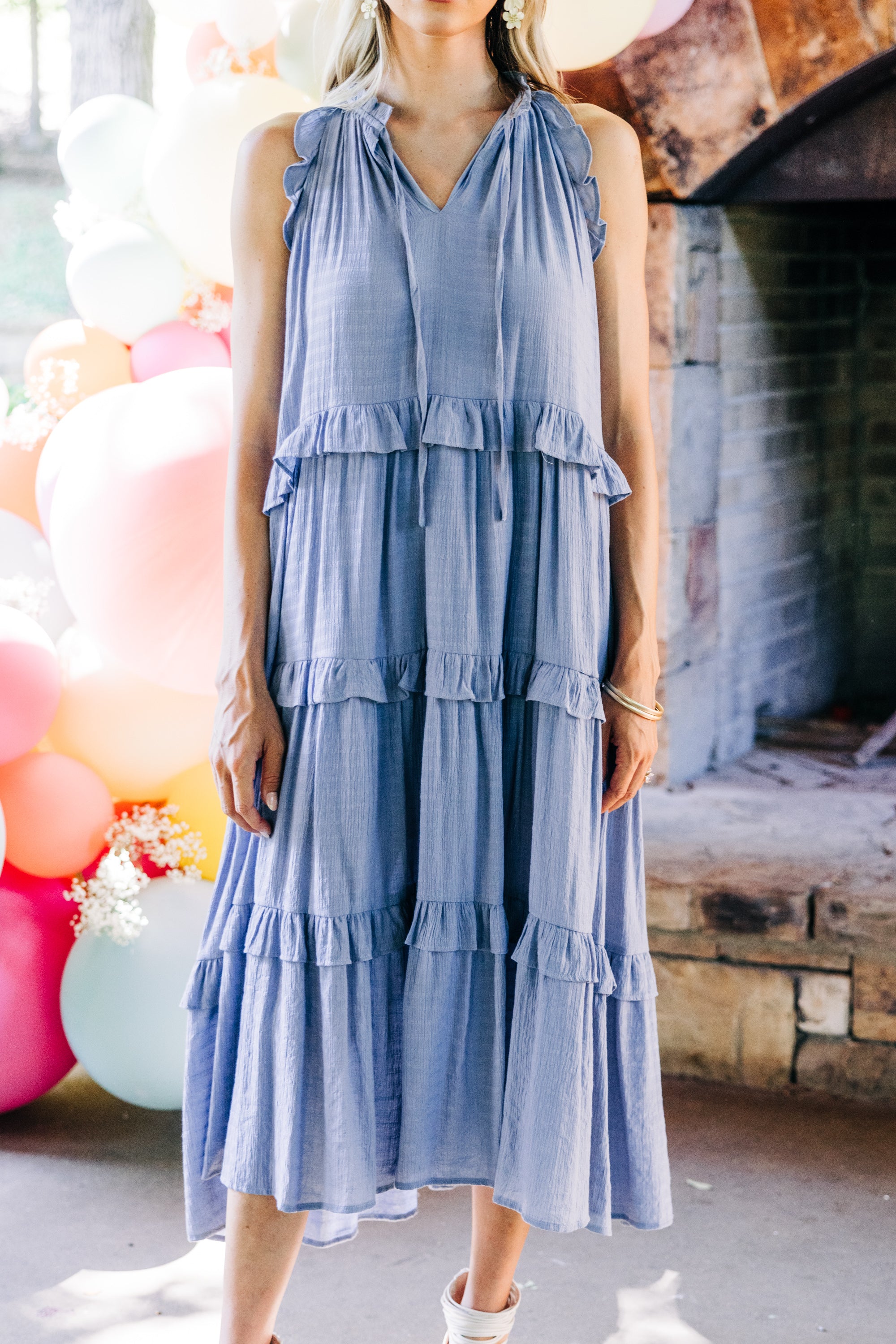 CHIRNAISHOP - Pursue Perfection Chambray Blue Ruffled Midi Dress