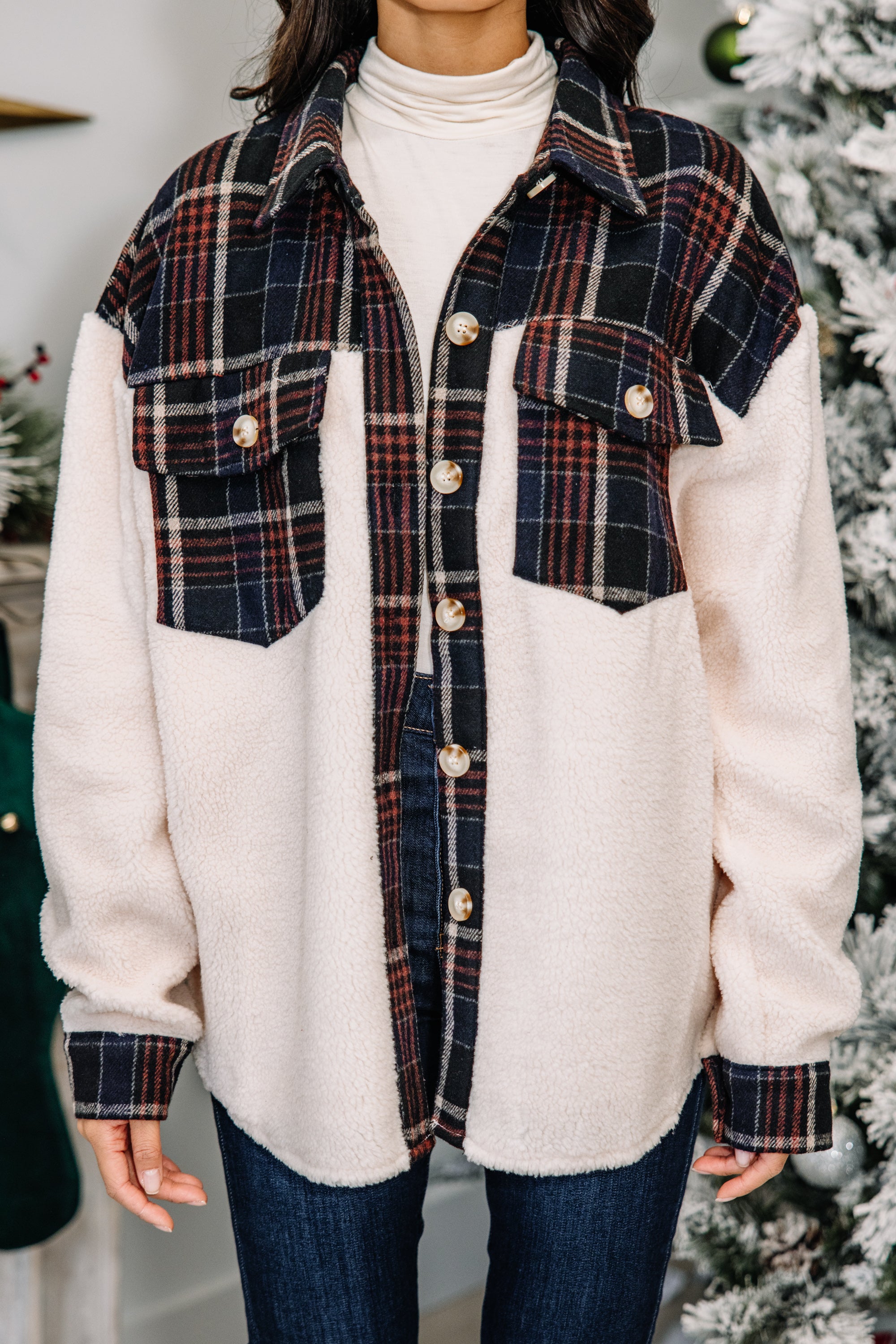 CHIRNAISHOP - All Your Own Navy Blue Plaid Sherpa Jacket