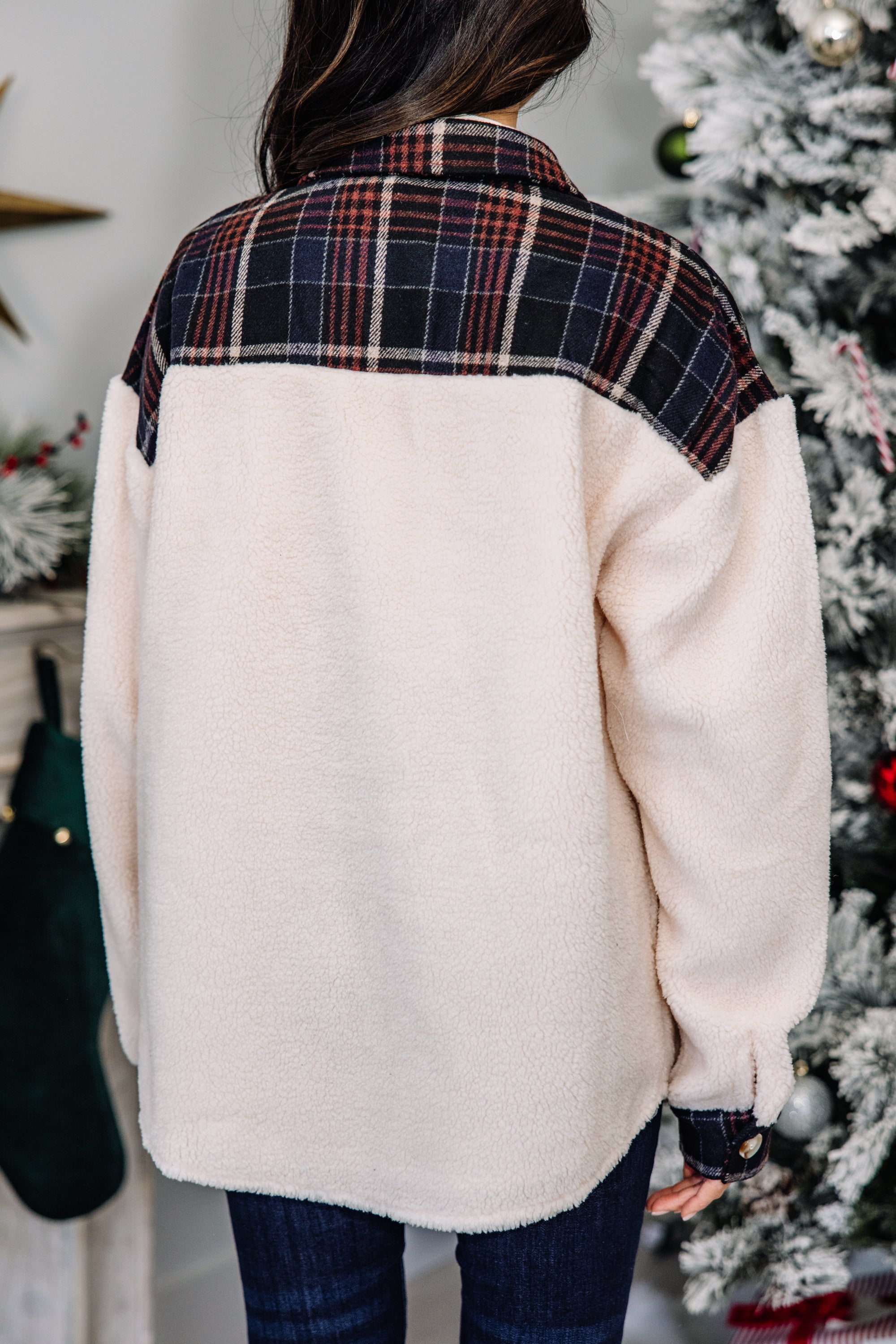 CHIRNAISHOP - All Your Own Navy Blue Plaid Sherpa Jacket