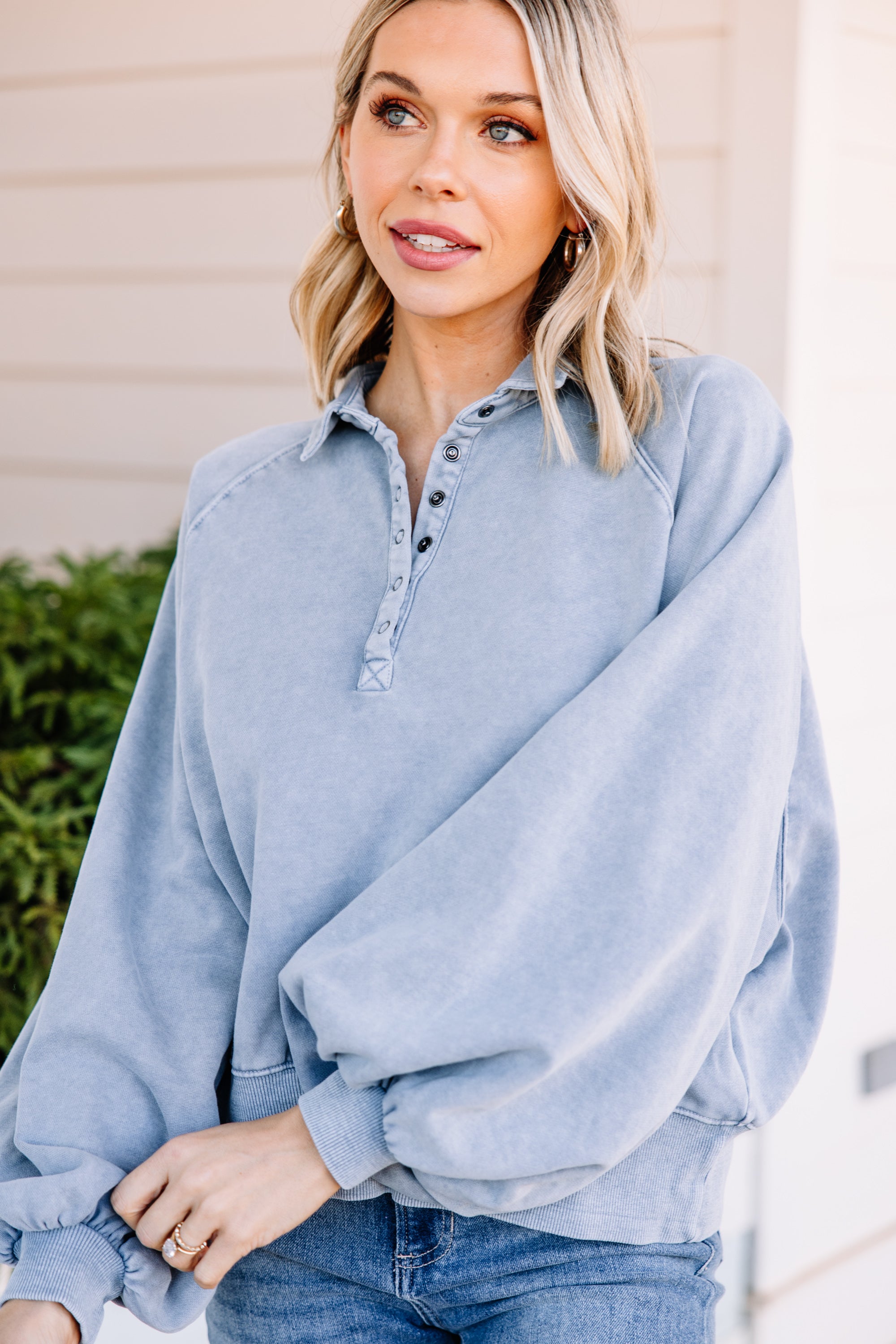 CHIRNAISHOP - Look It Up Slate Blue Half Snap Pullover