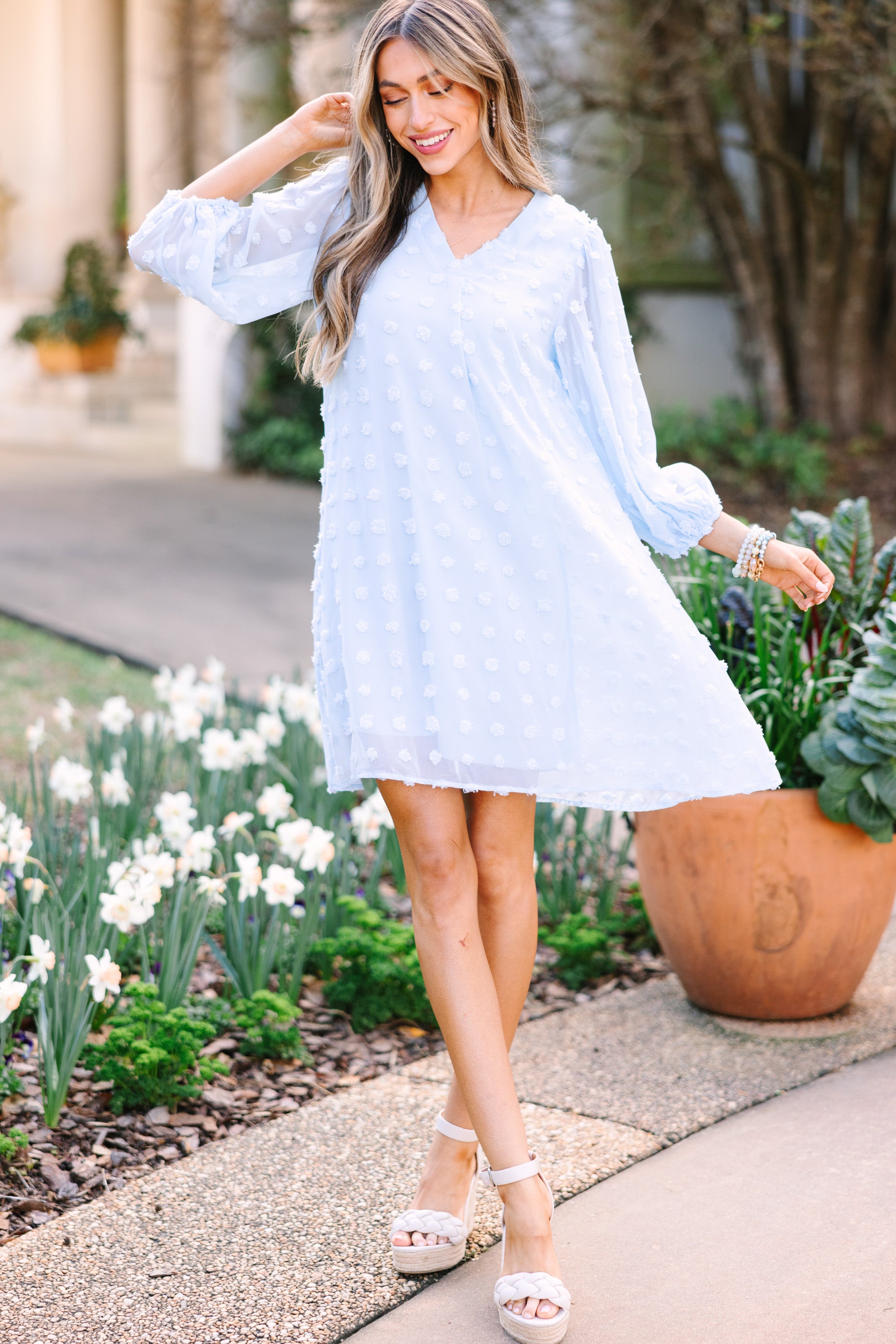 CHIRNAISHOP - Good To Know Sky Blue Swiss Dot Shift Dress