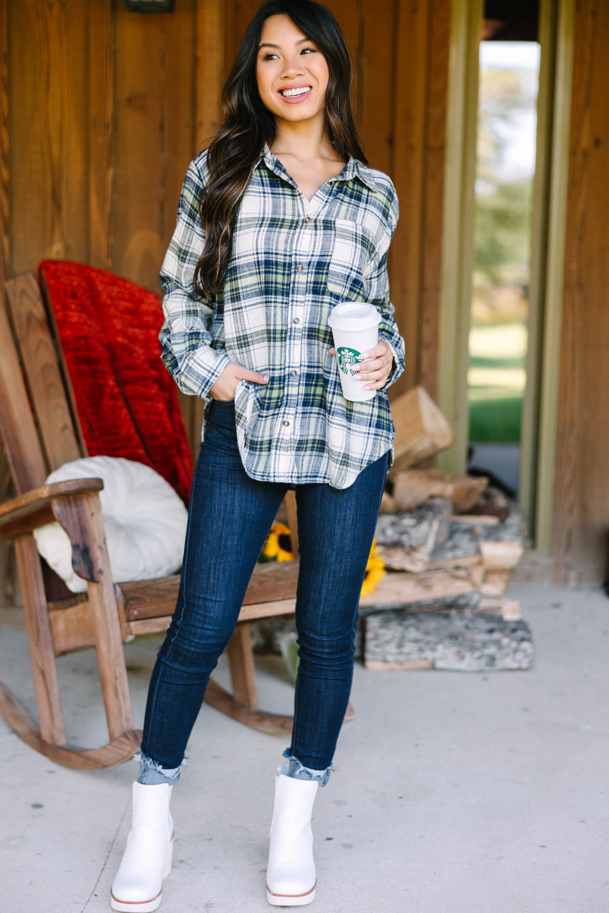 CHIRNAISHOP - All Figured Out Navy Blue Plaid Button Down Top