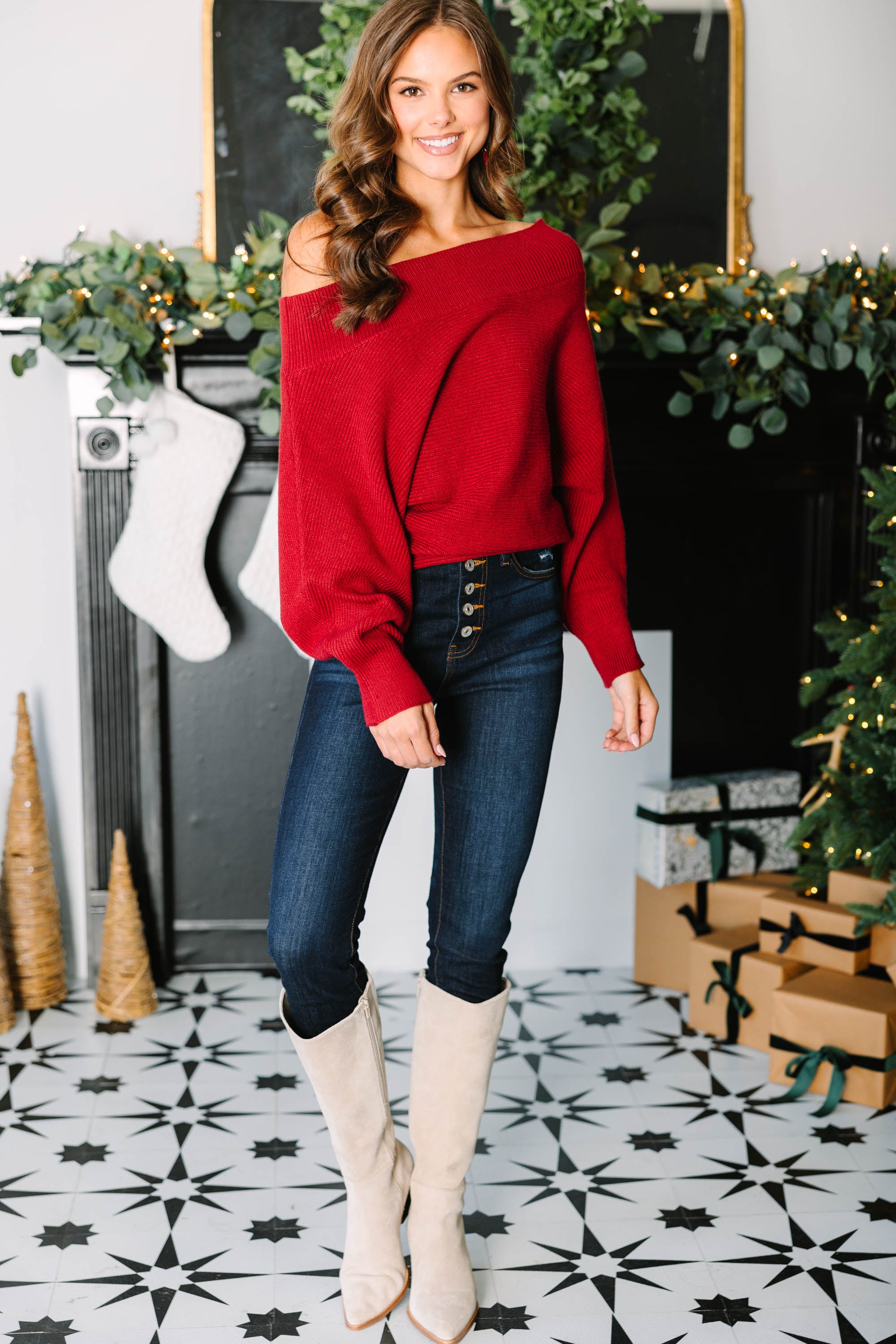 CHIRNAISHOP - All On You Red Off Shoulder Sweater