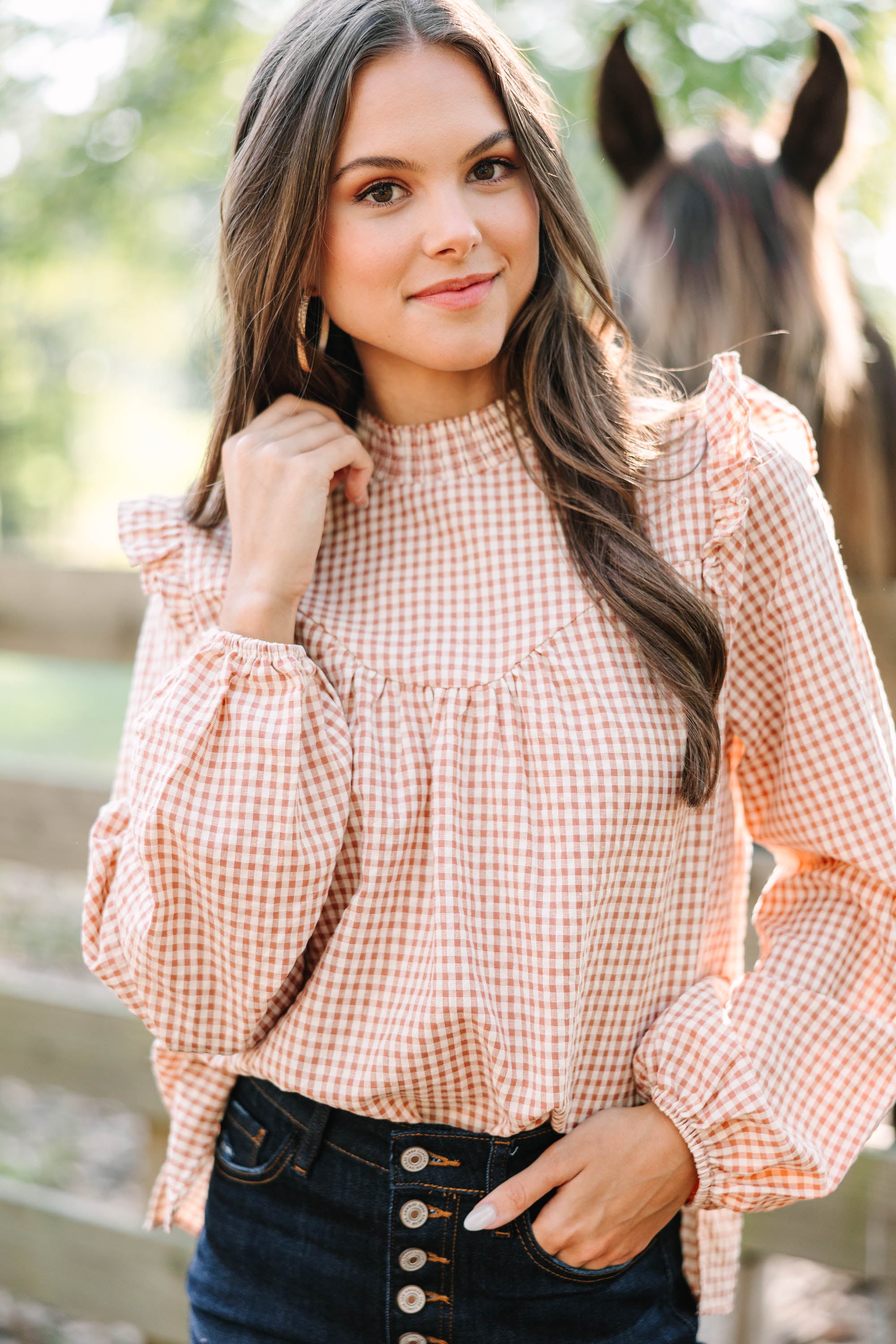 CHIRNAISHOP - Find You Well Rust Orange Gingham Blouse