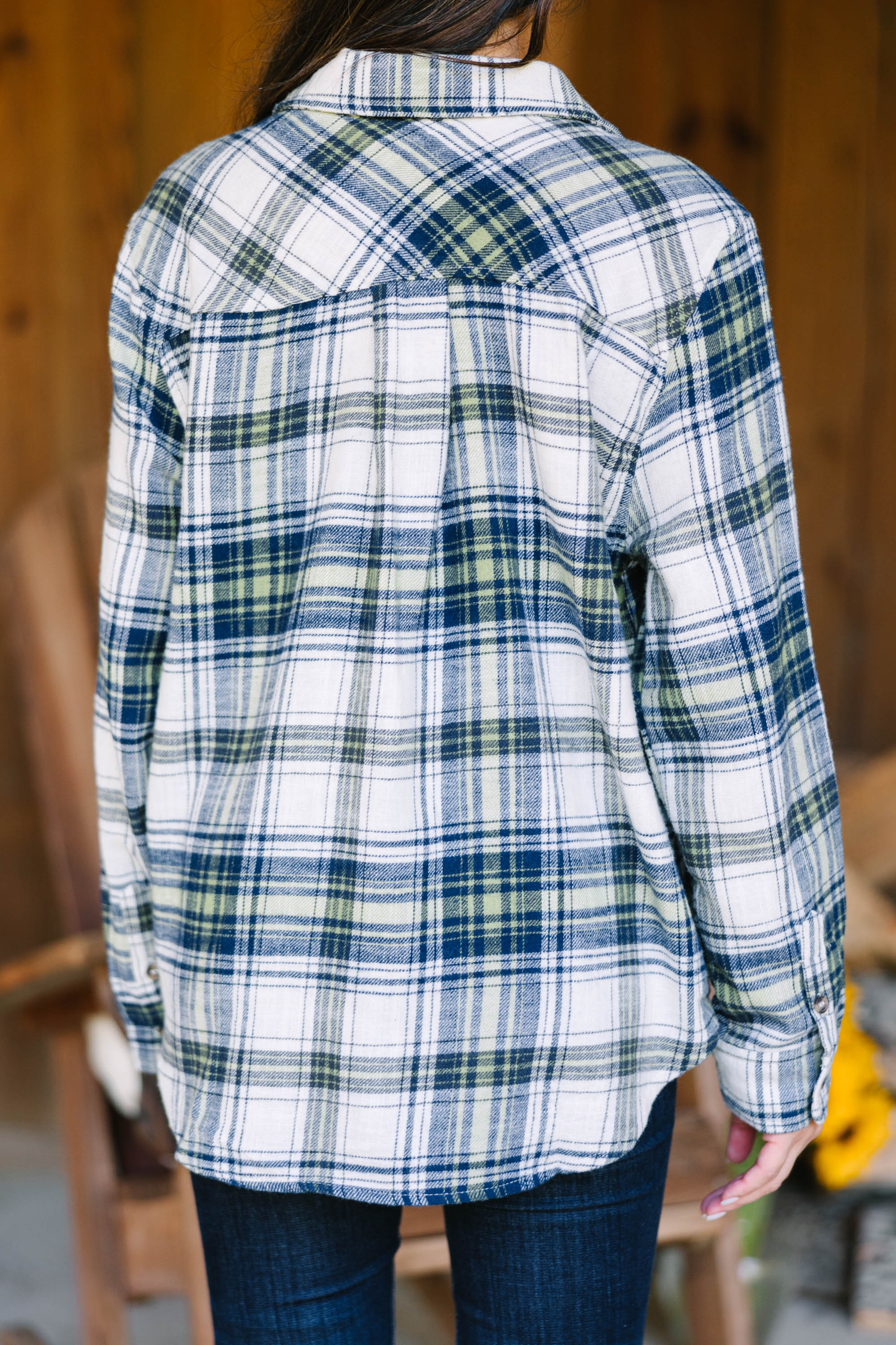 CHIRNAISHOP - All Figured Out Navy Blue Plaid Button Down Top