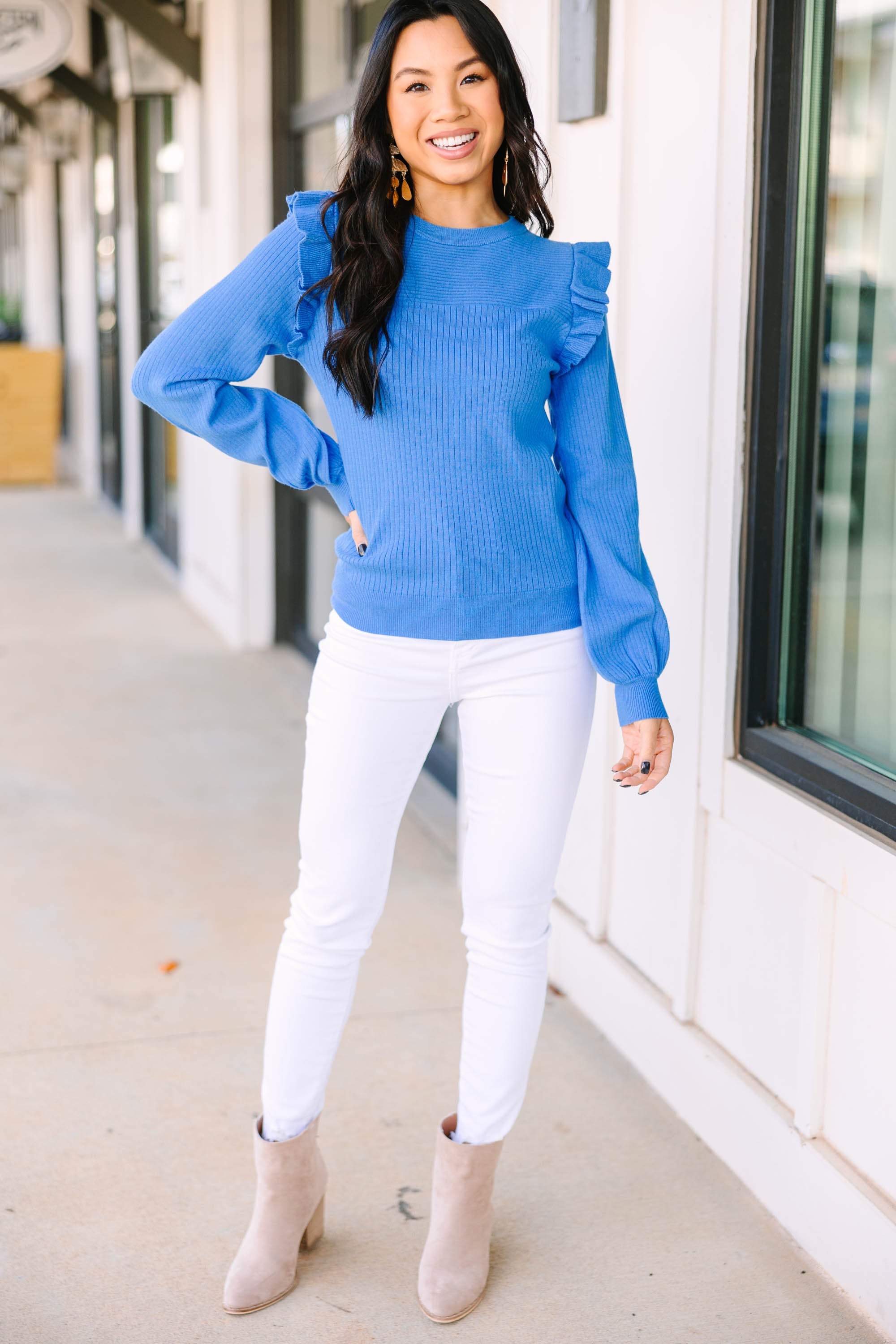 CHIRNAISHOP - Reach Out Cloud Blue Ruffled Sweater
