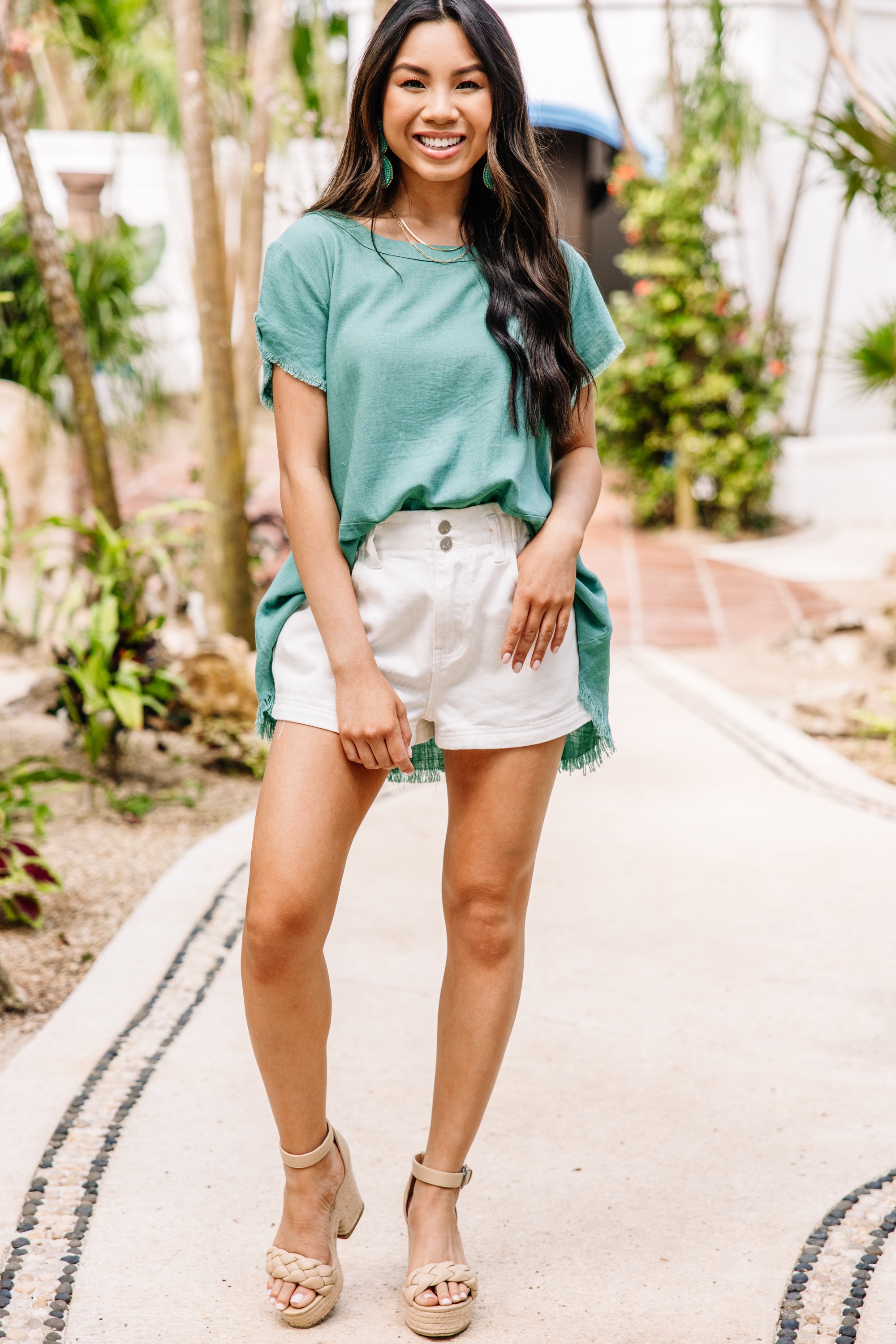 CHIRNAISHOP - Great Adventures Jade Green Linen Top
