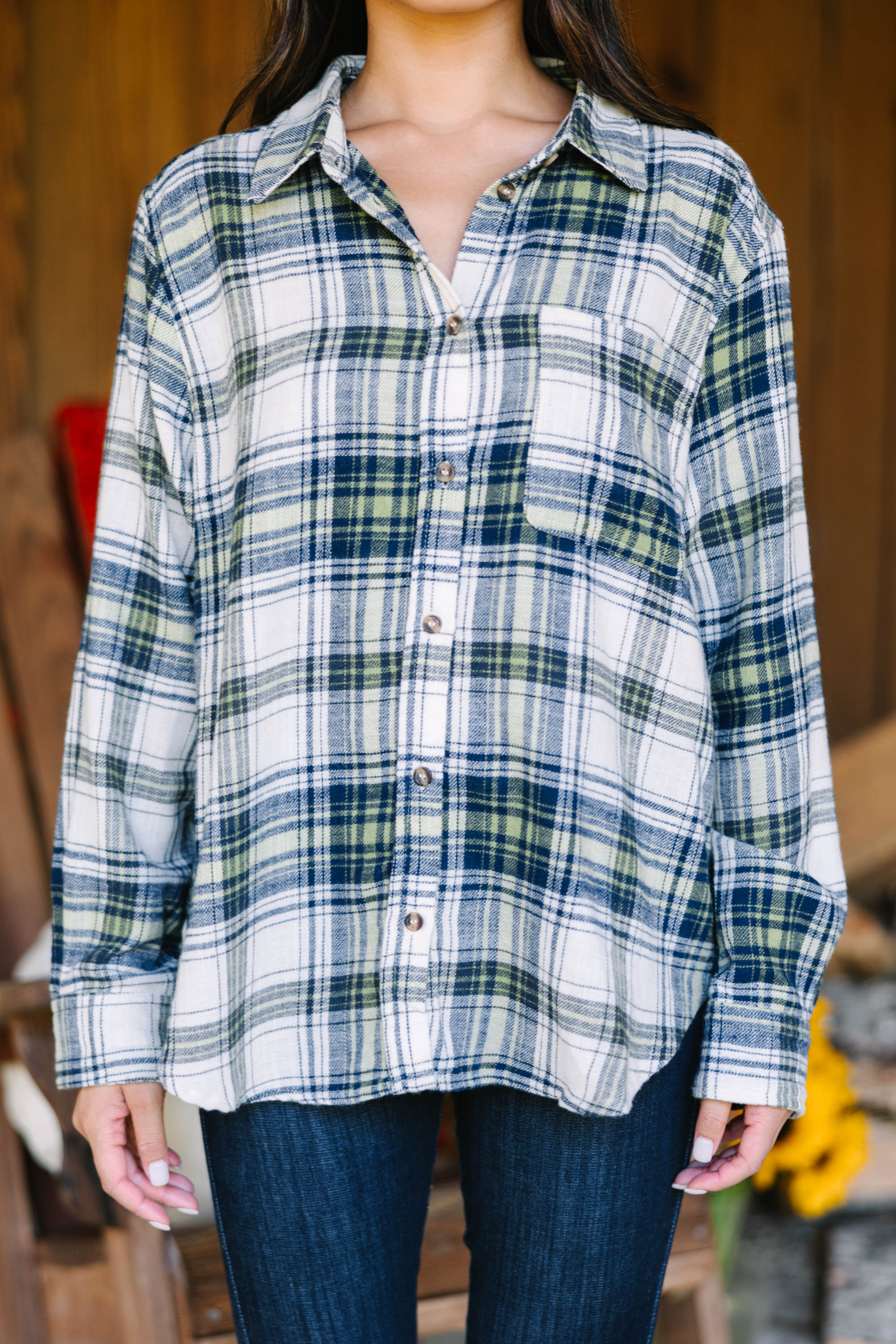 CHIRNAISHOP - All Figured Out Navy Blue Plaid Button Down Top