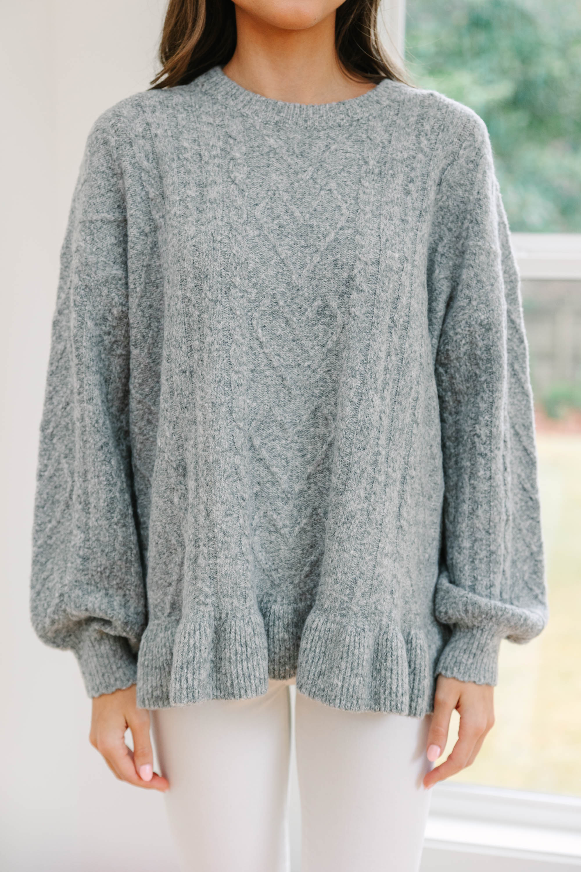 CHIRNAISHOP - Easy Decisions Heather Gray Ruffled Sweater