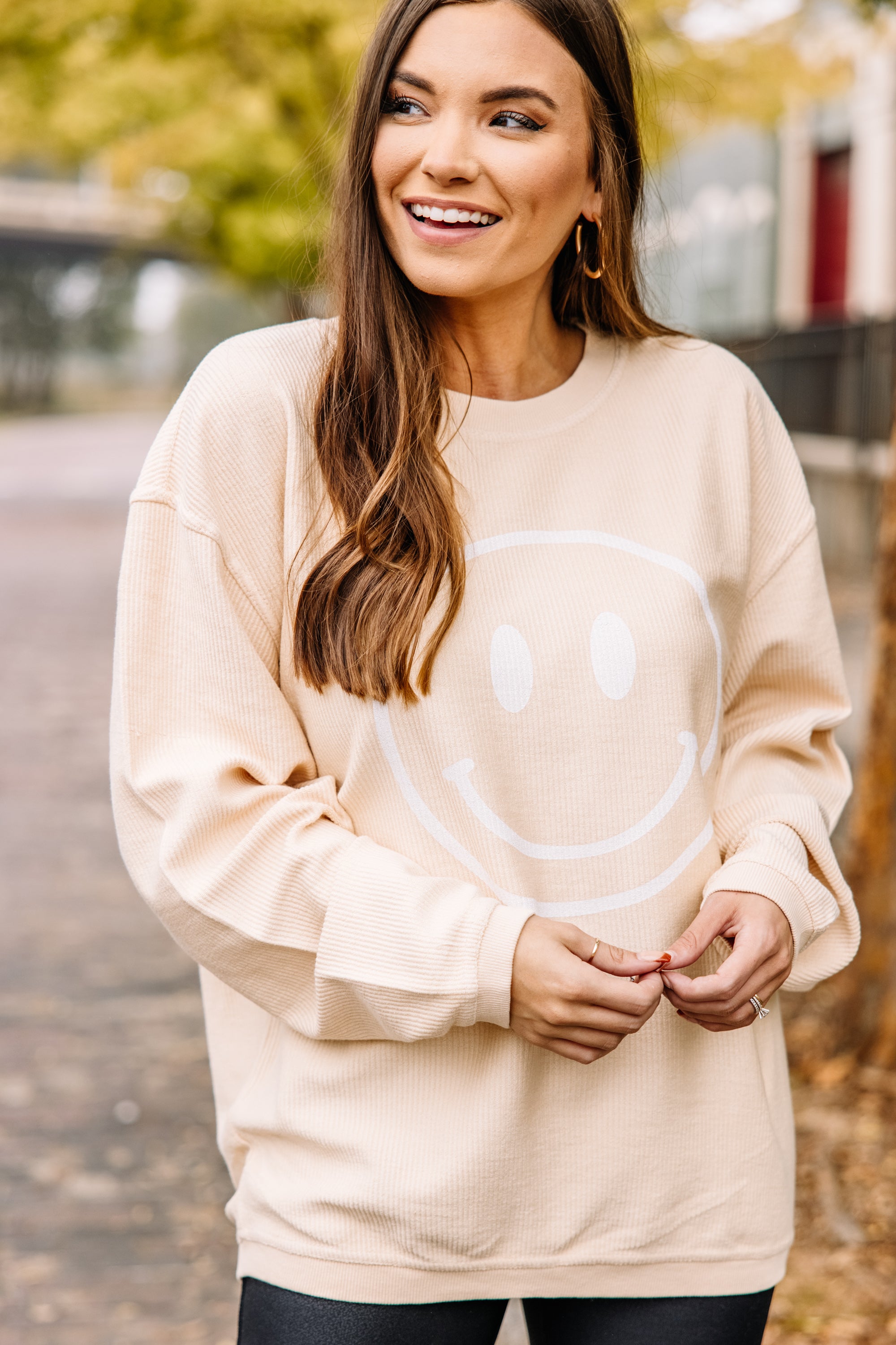 CHIRNAISHOP - Keep Smiling Natural Corded Sweatshirt