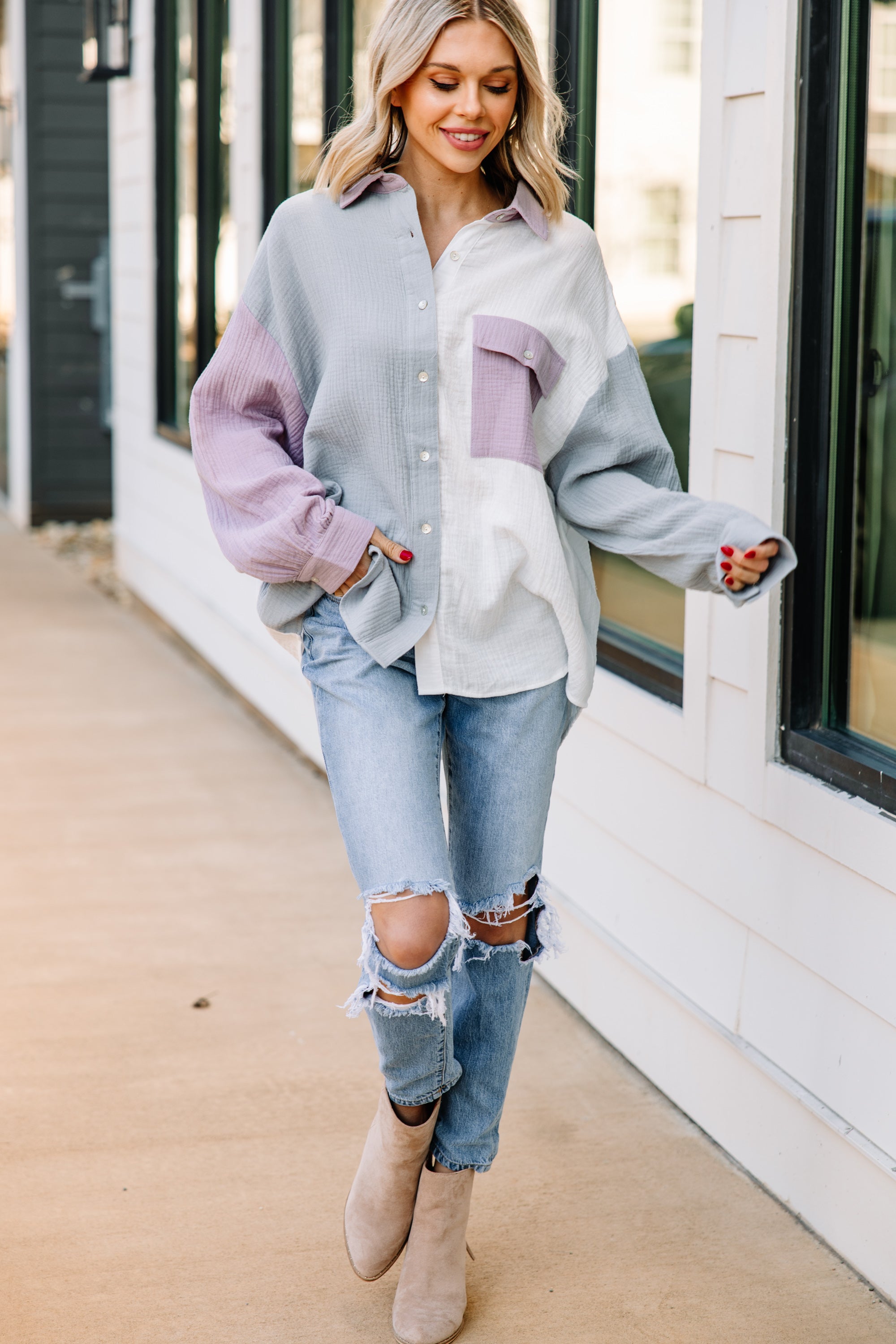 CHIRNAISHOP - It's A New Dawn Dusty Blue Colorblock Top