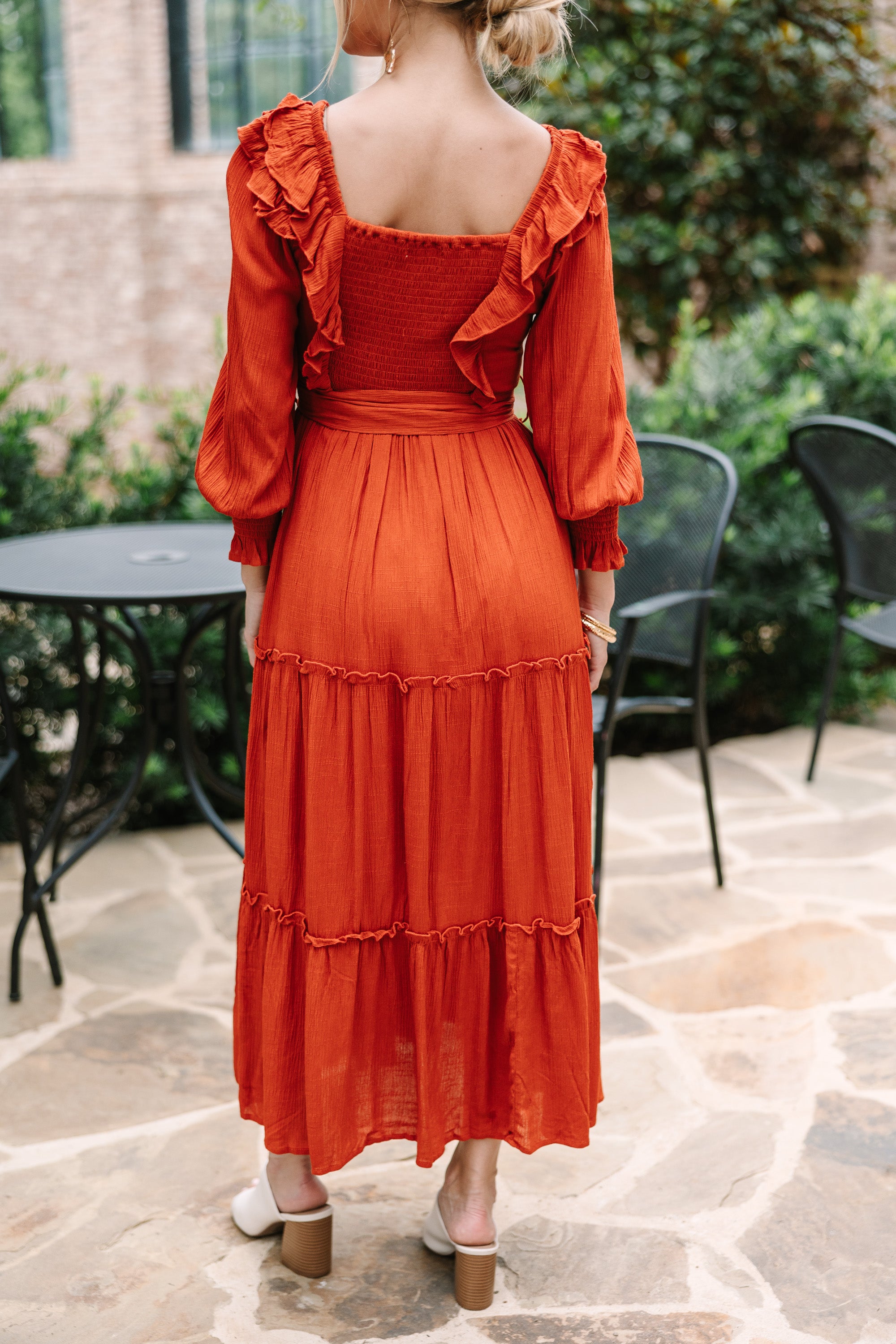 CHIRNAISHOP - Feel Your Love Rust Orange Ruffled Midi Dress