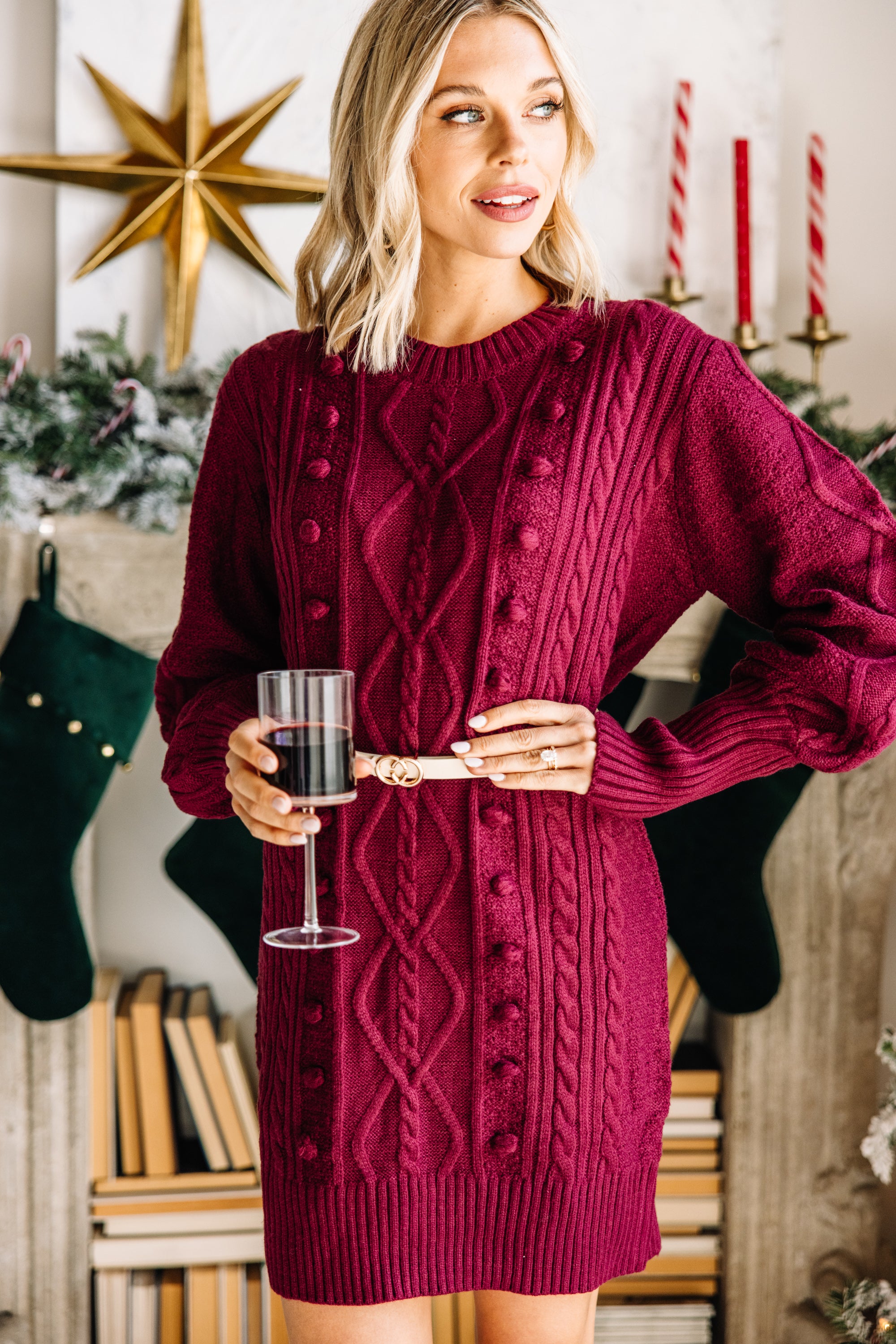 CHIRNAISHOP - I'll Wait For You Sangria Red Pompom Sweater Dress