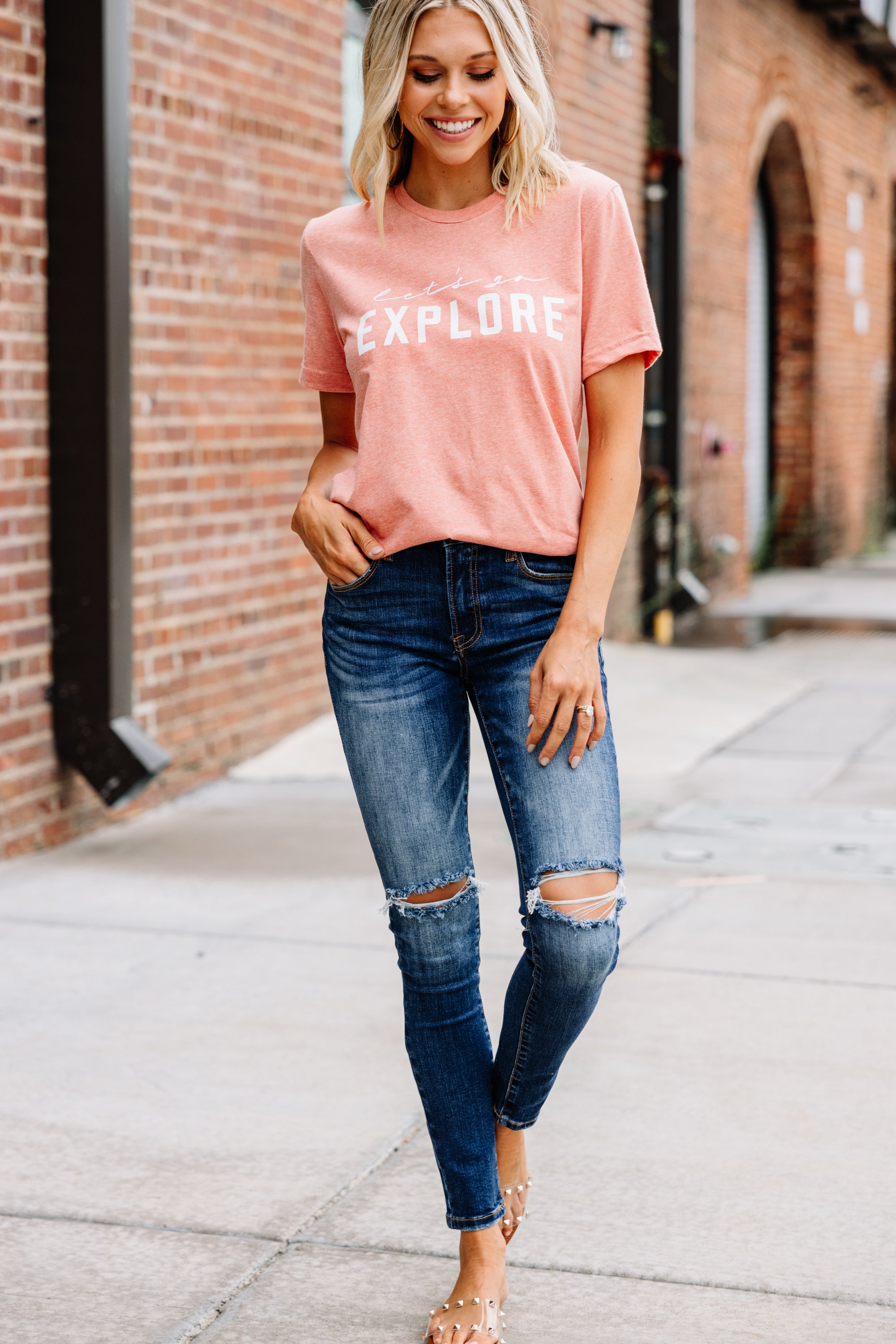 CHIRNAISHOP - Let's Go Explore Heather Sunset Orange Graphic Tee