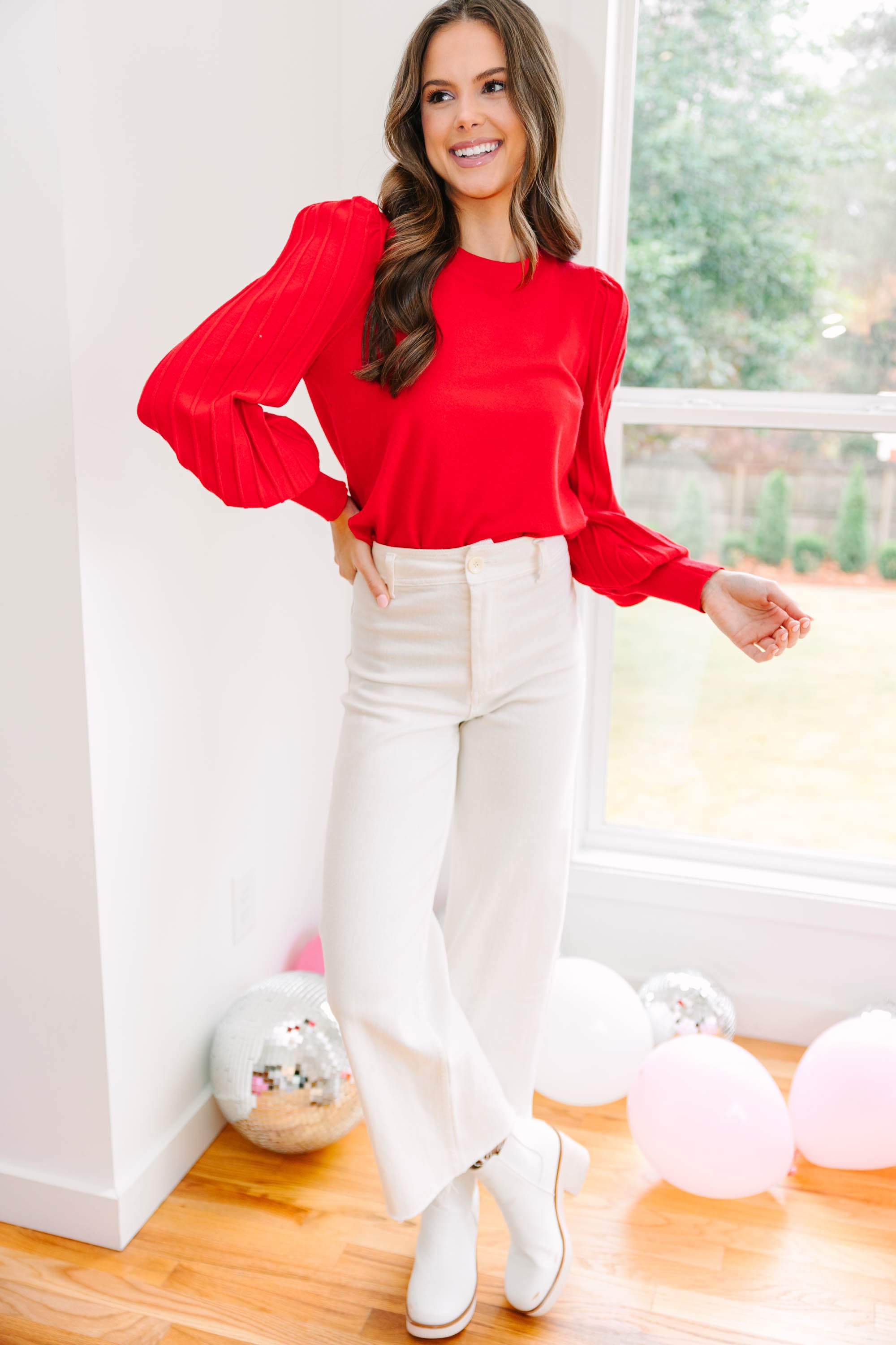 CHIRNAISHOP - Make It Easy Red Puff Sleeve Sweater