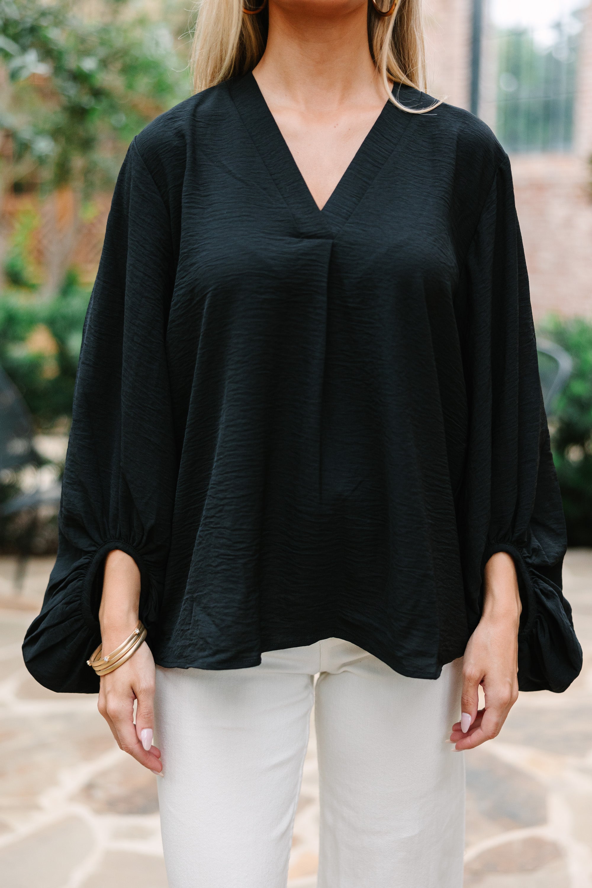 CHIRNAISHOP - Thanks To You Black Bubble Sleeve Blouse