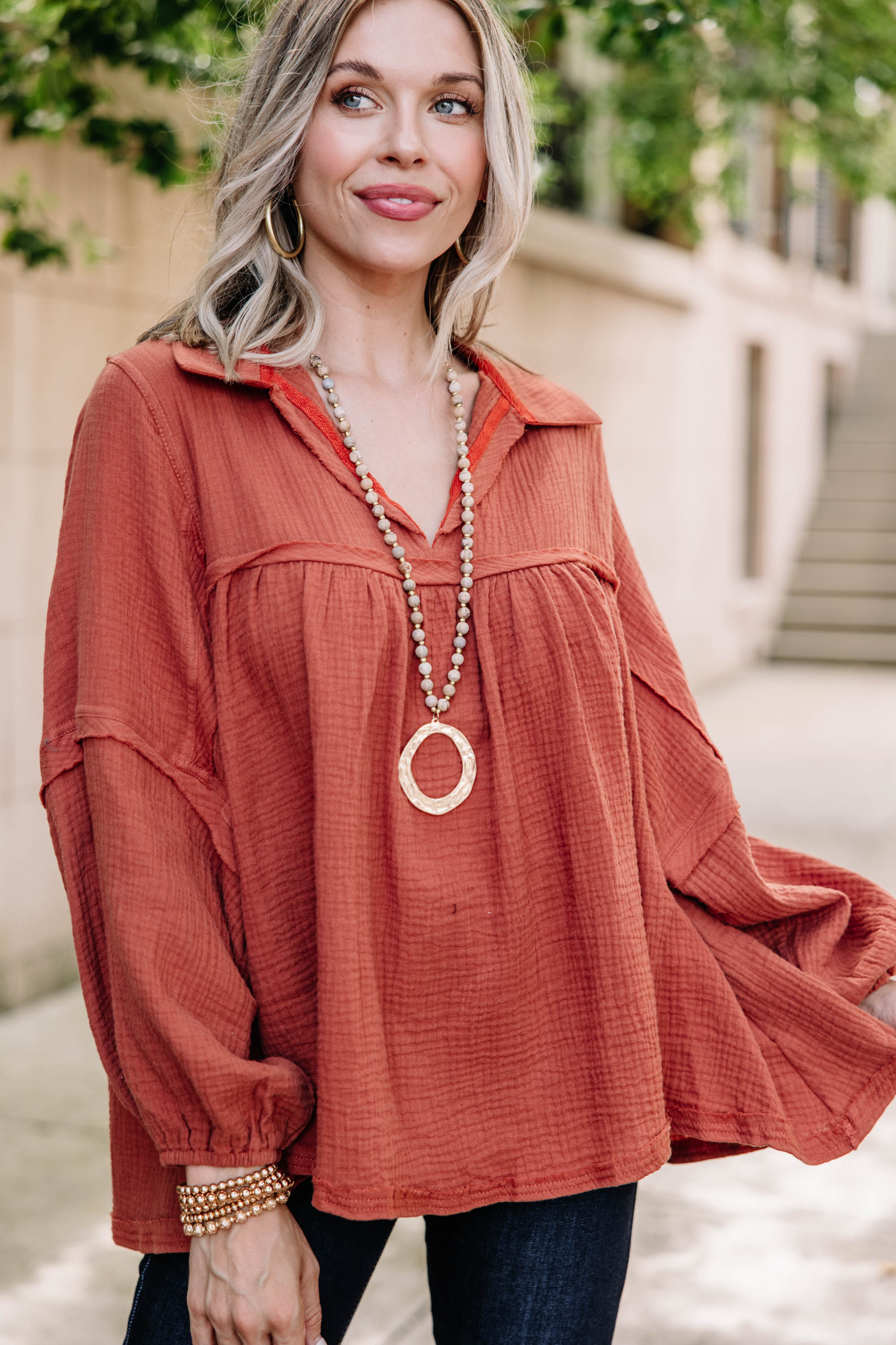 CHIRNAISHOP - Love Life Rust Orange Babydoll Top